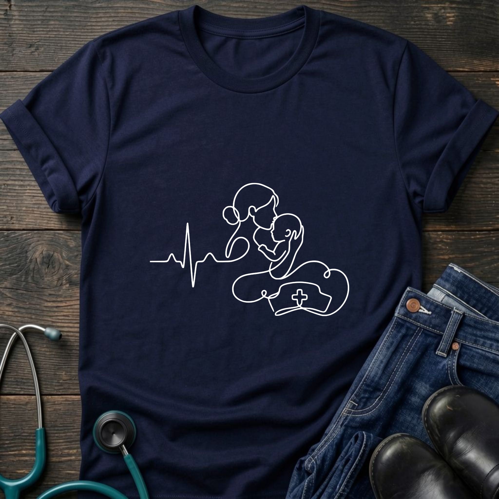 T-Shirt — Minimal Mother & Baby Line Art with Heartbeat Design