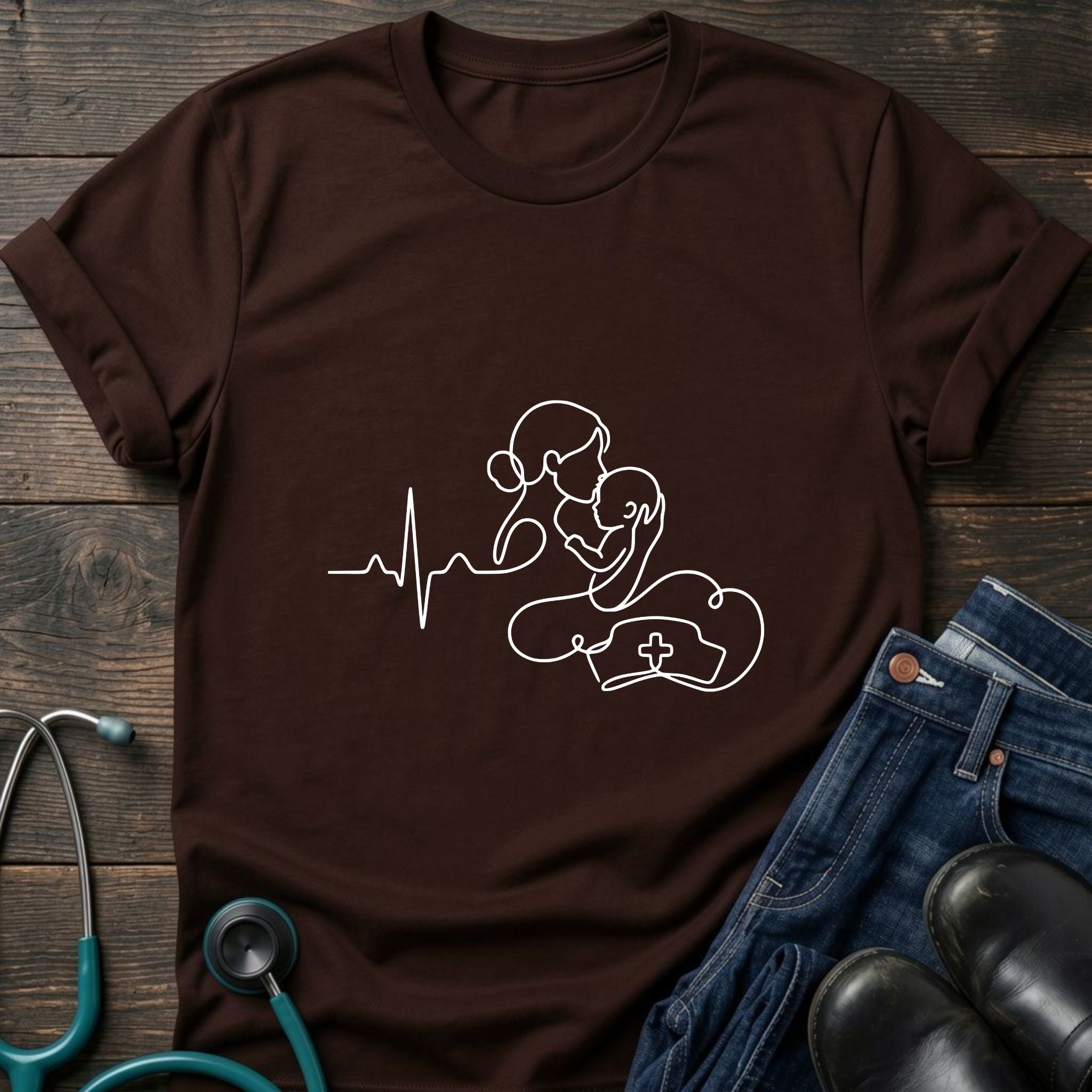 T-Shirt — Minimal Mother & Baby Line Art with Heartbeat Design