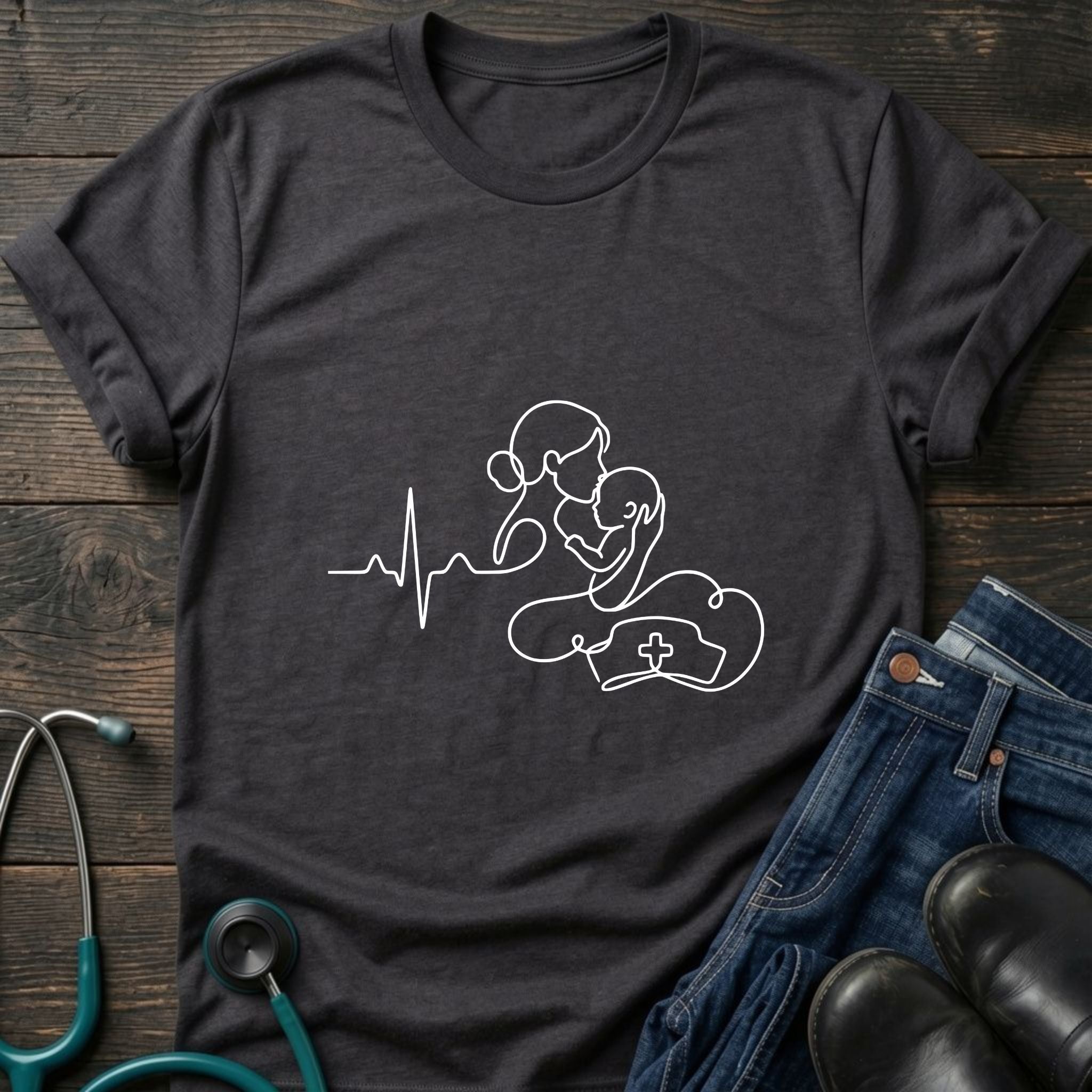 T-Shirt — Minimal Mother & Baby Line Art with Heartbeat Design