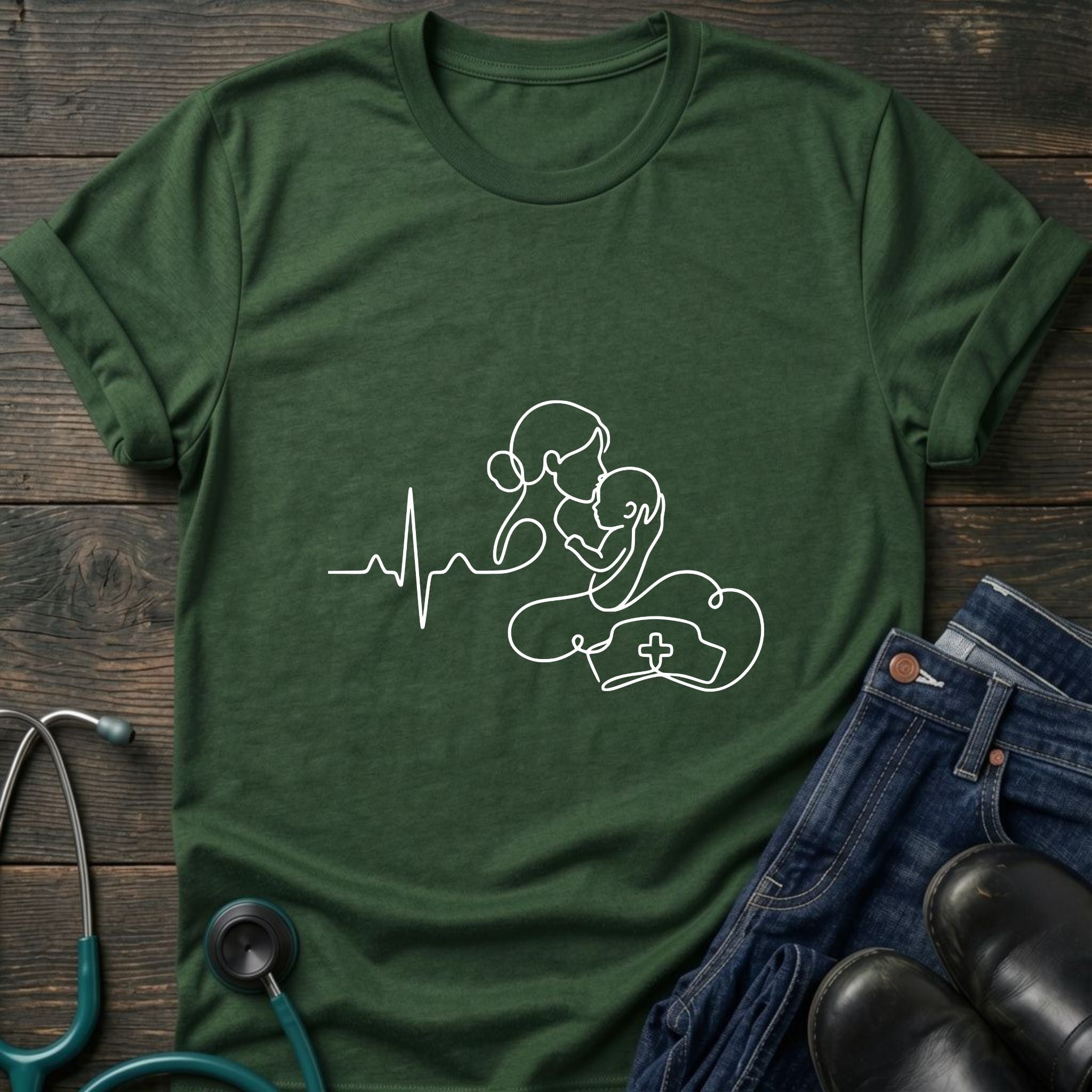 T-Shirt — Minimal Mother & Baby Line Art with Heartbeat Design