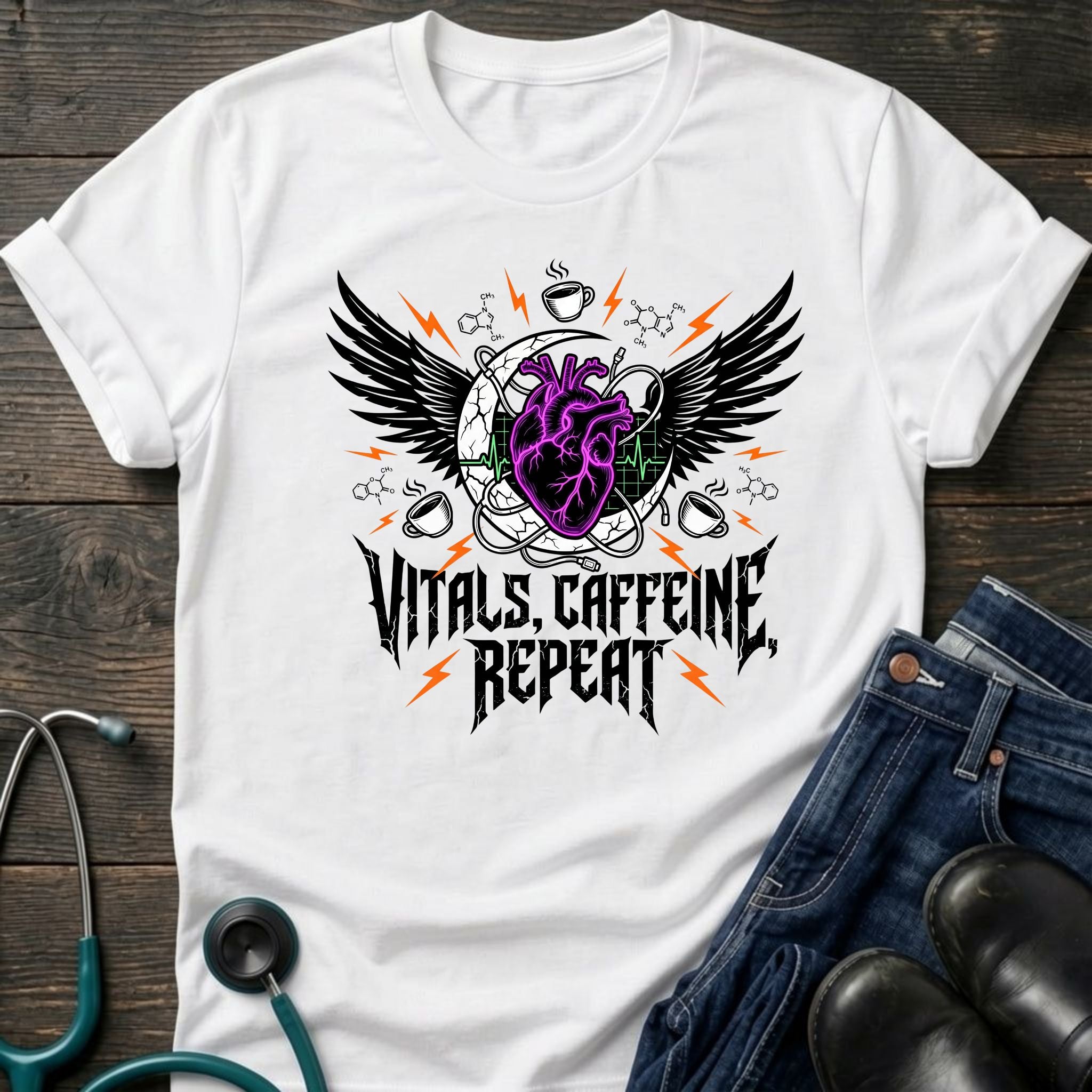 T‑Shirt — Vitals Caffeine Repeat Heart Wings Graphic Tee