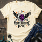 T‑Shirt — Vitals Caffeine Repeat Heart Wings Graphic Tee