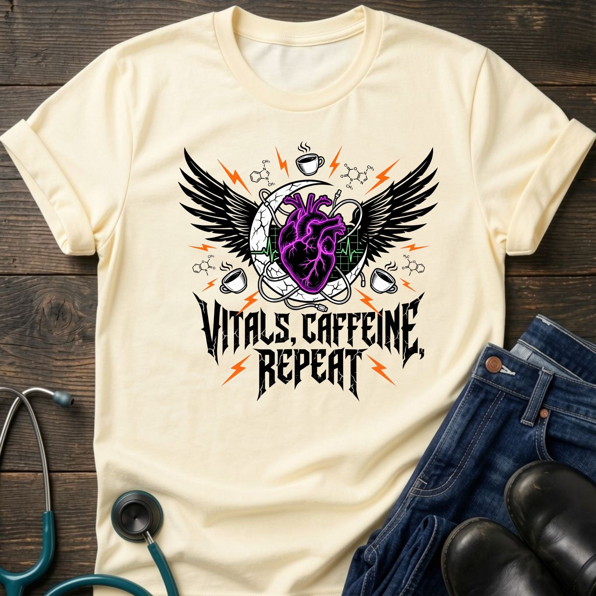 T‑Shirt — Vitals Caffeine Repeat Heart Wings Graphic Tee