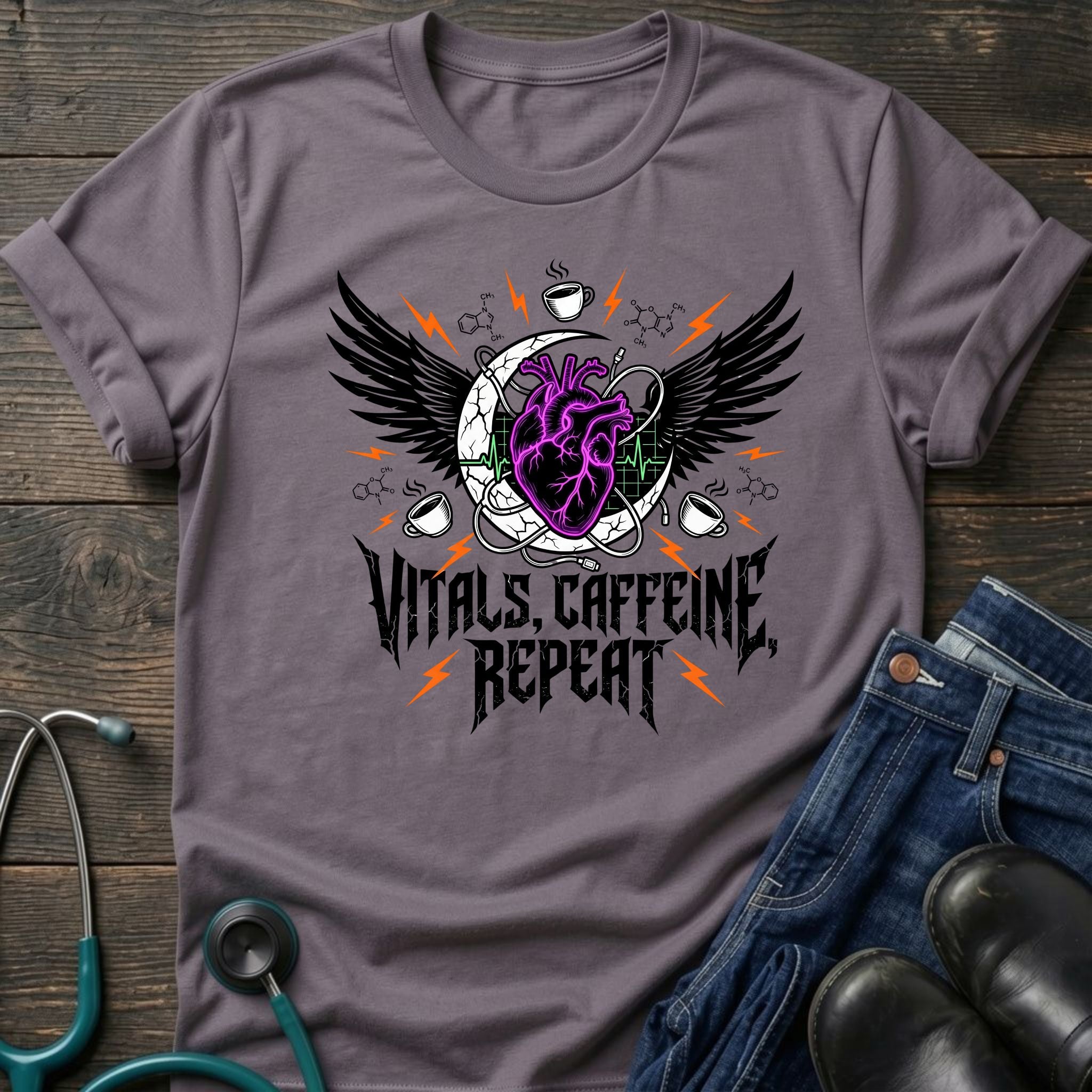 T‑Shirt — Vitals Caffeine Repeat Heart Wings Graphic Tee