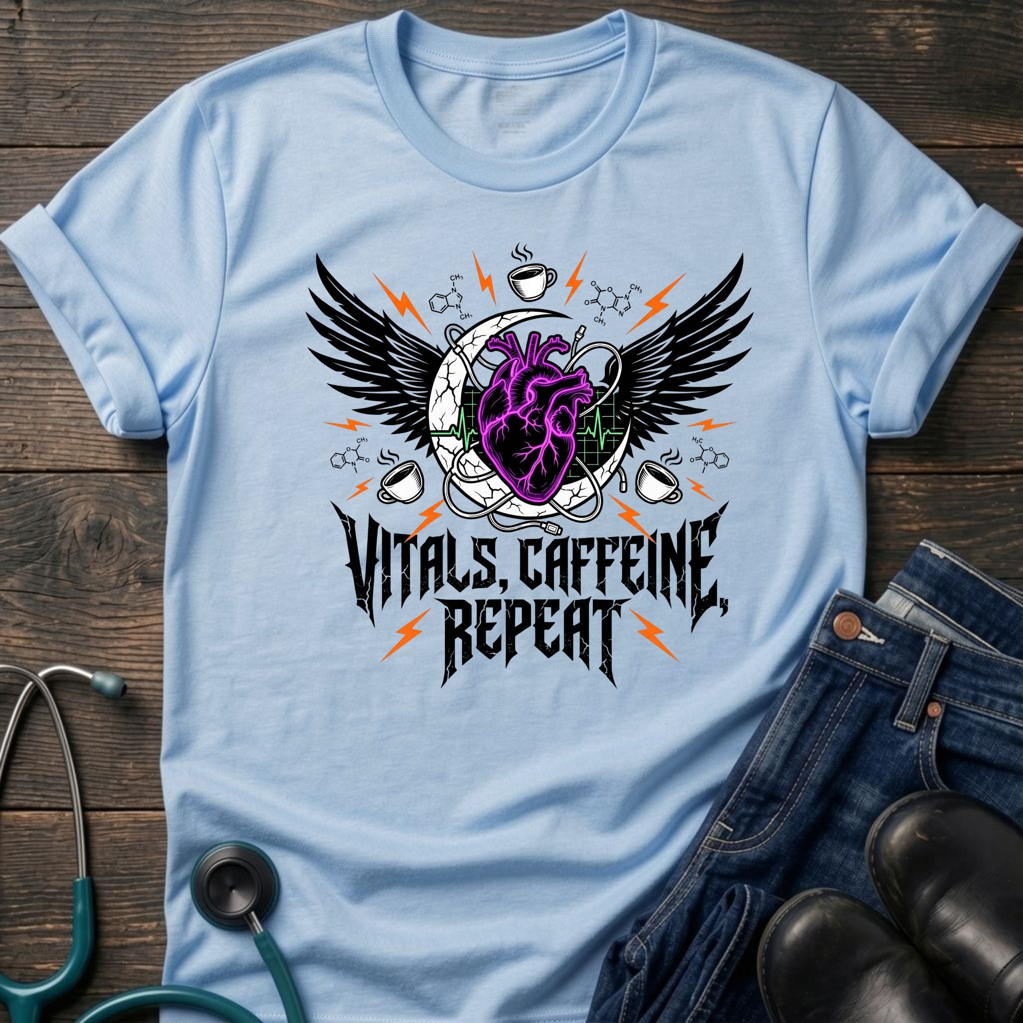 T‑Shirt — Vitals Caffeine Repeat Heart Wings Graphic Tee