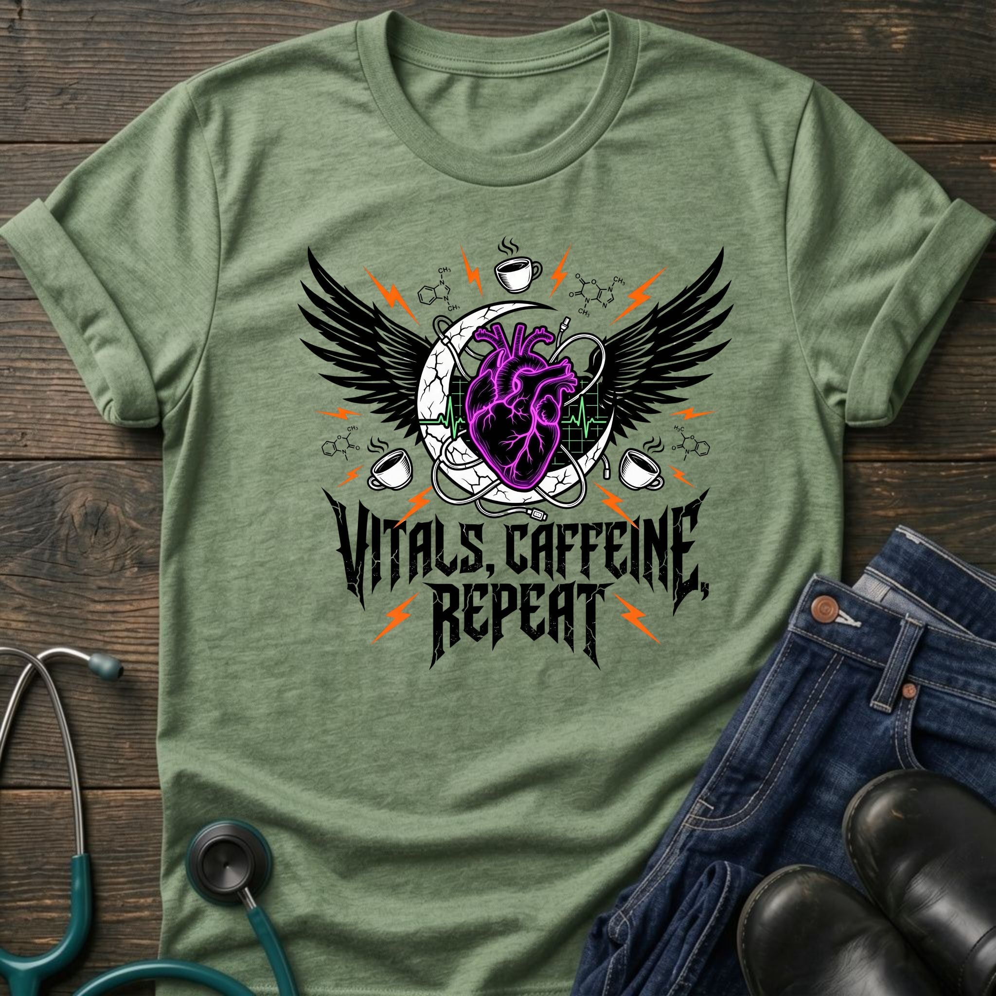 T‑Shirt — Vitals Caffeine Repeat Heart Wings Graphic Tee