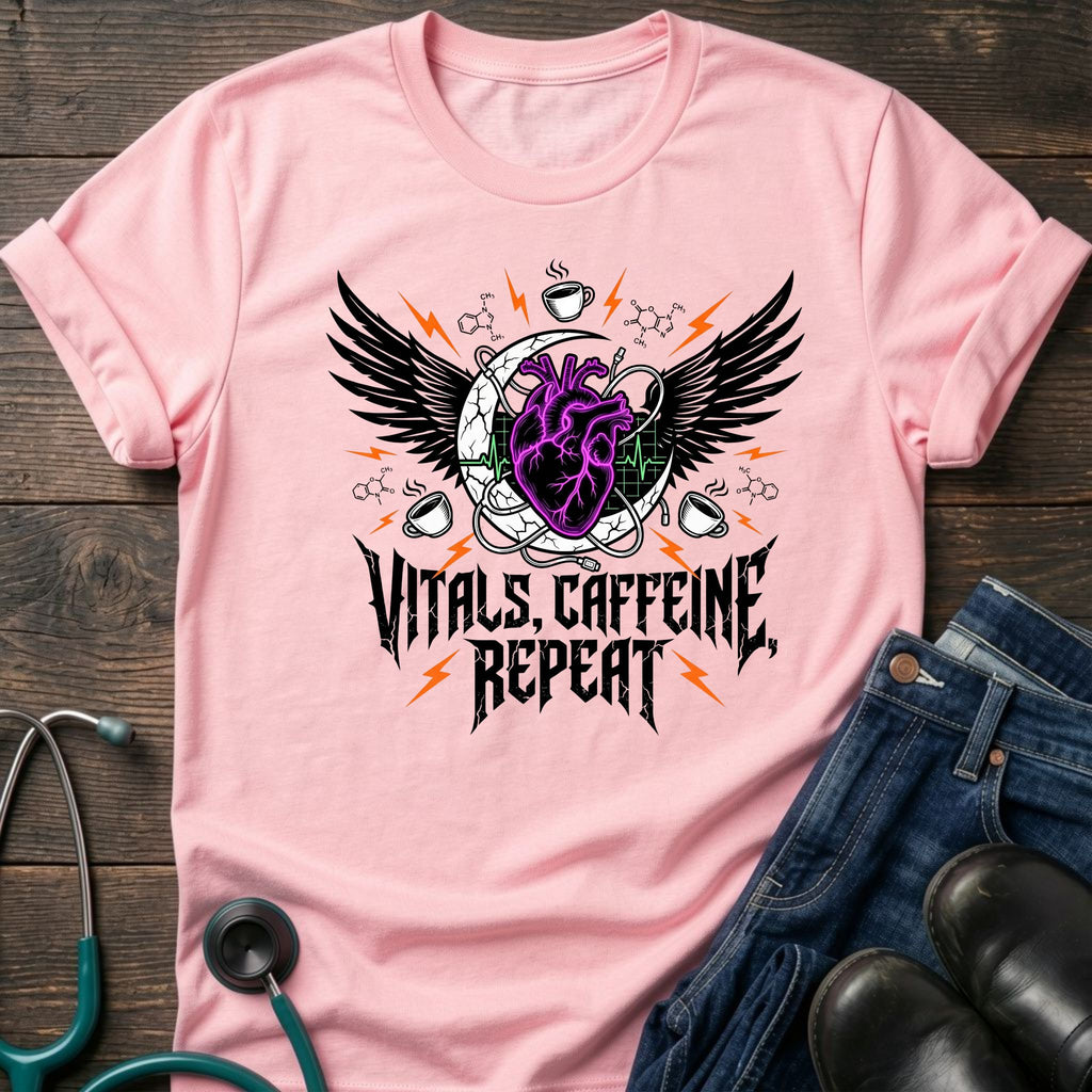 T‑Shirt — Vitals Caffeine Repeat Heart Wings Graphic Tee