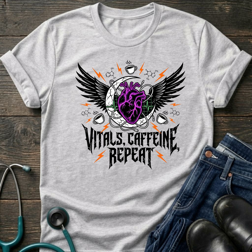 T‑Shirt — Vitals Caffeine Repeat Heart Wings Graphic Tee