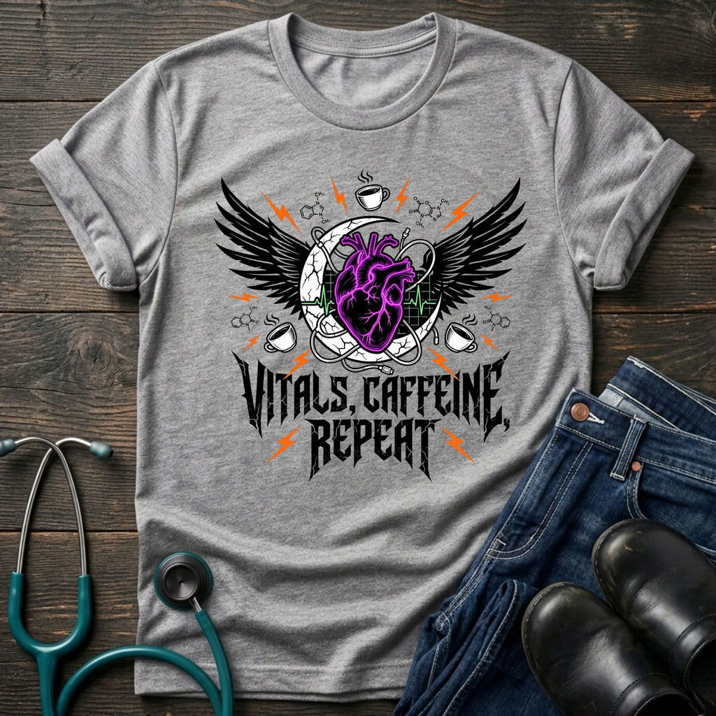 T‑Shirt — Vitals Caffeine Repeat Heart Wings Graphic Tee