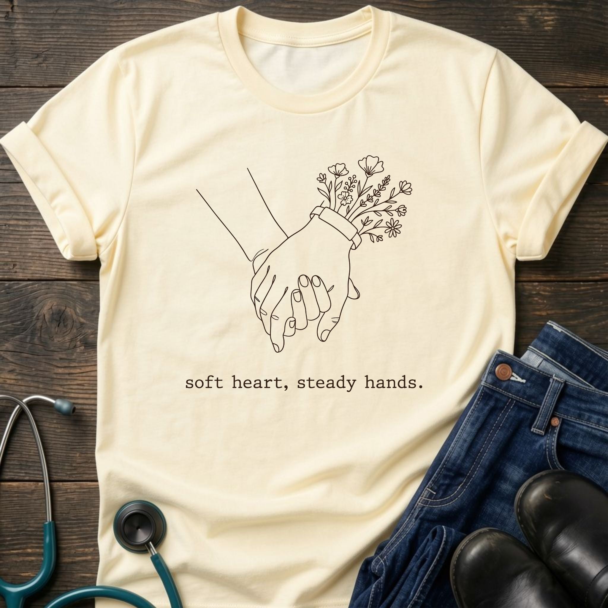 T-Shirt — 'Soft heart, steady hands.' Minimalist Line Art Holding Hands Tee