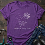 T-Shirt — 'Soft heart, steady hands.' Minimalist Line Art Holding Hands Tee
