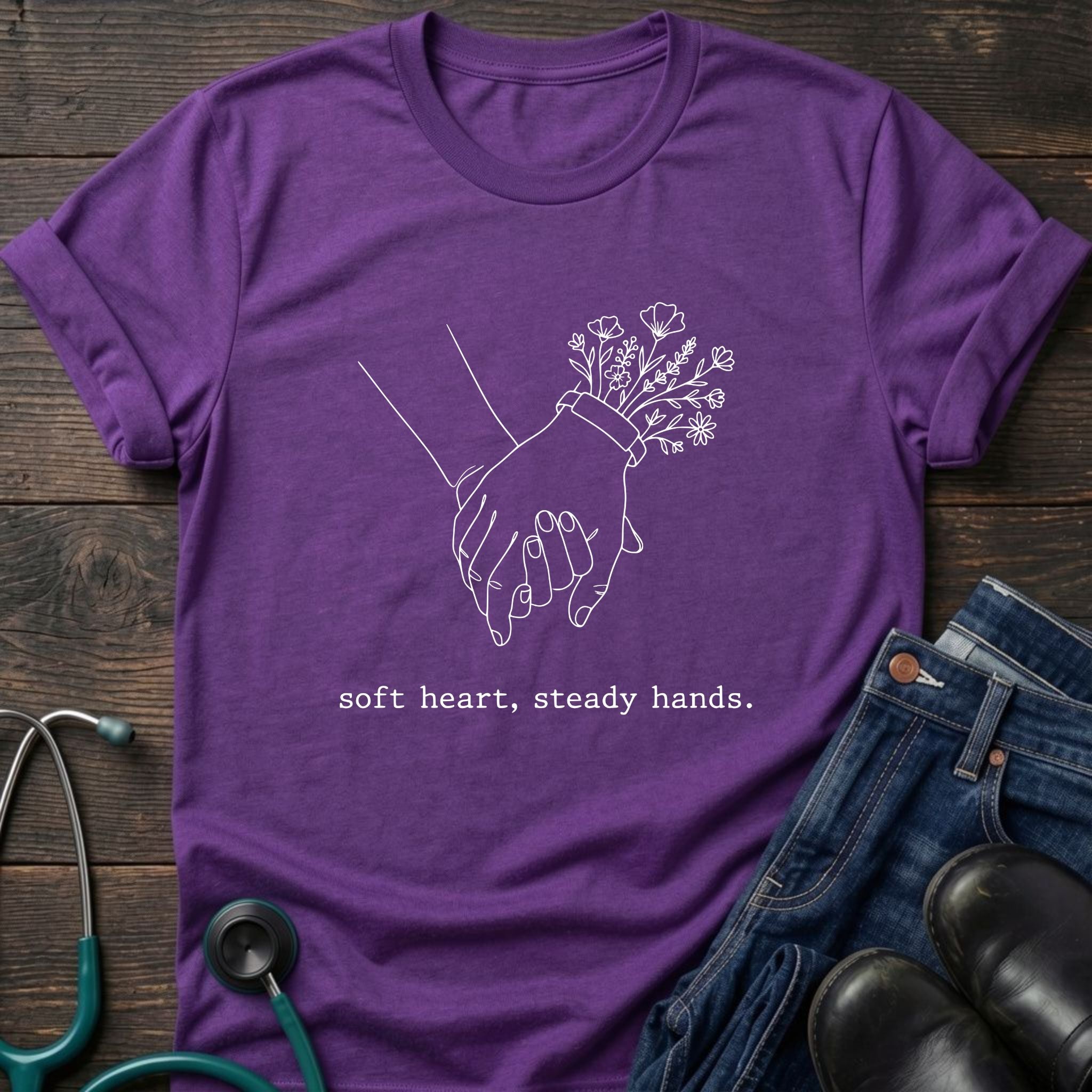T-Shirt — 'Soft heart, steady hands.' Minimalist Line Art Holding Hands Tee
