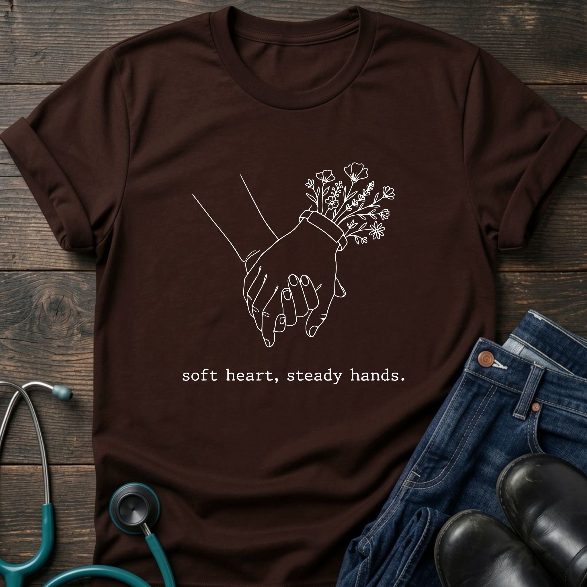T-Shirt — 'Soft heart, steady hands.' Minimalist Line Art Holding Hands Tee