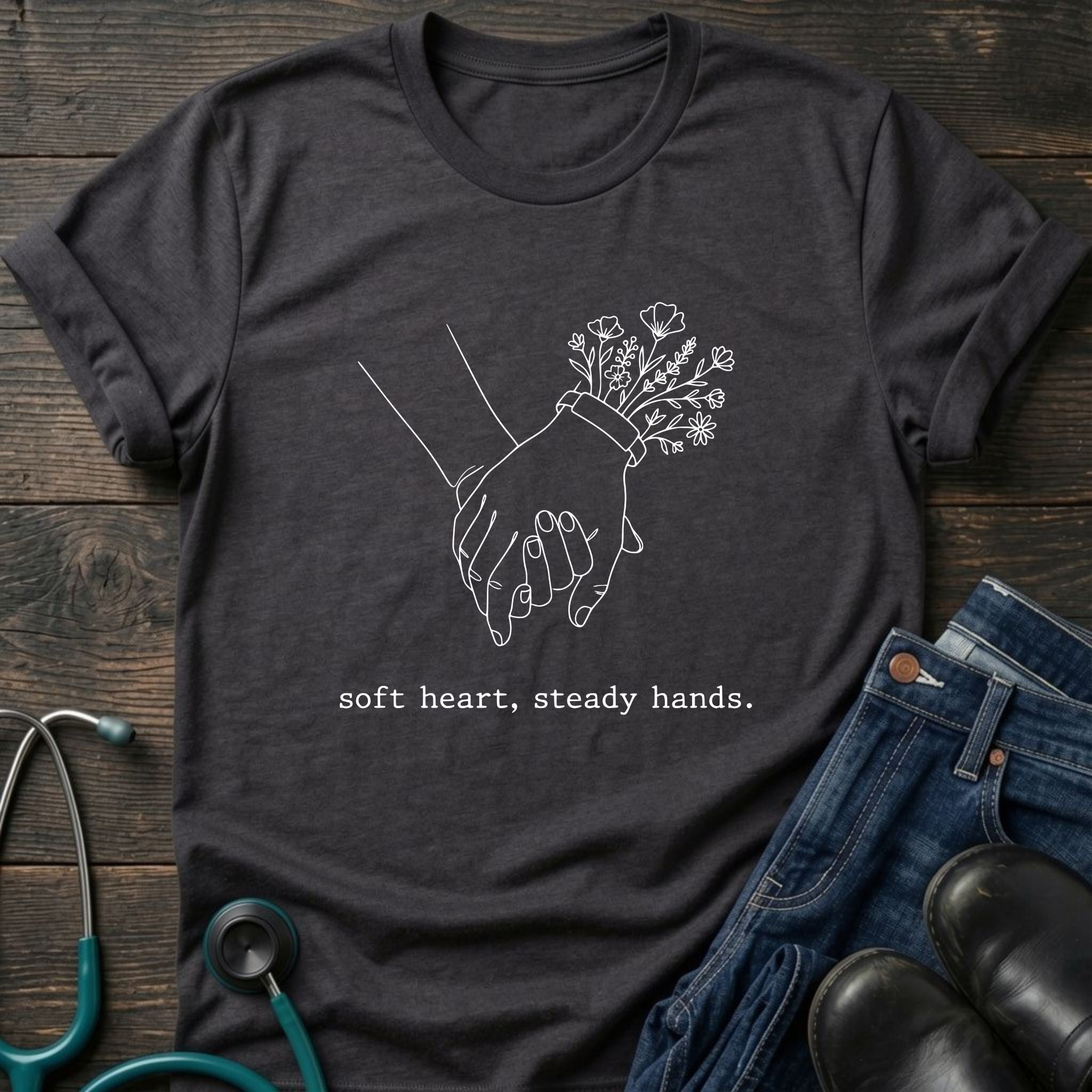 T-Shirt — 'Soft heart, steady hands.' Minimalist Line Art Holding Hands Tee
