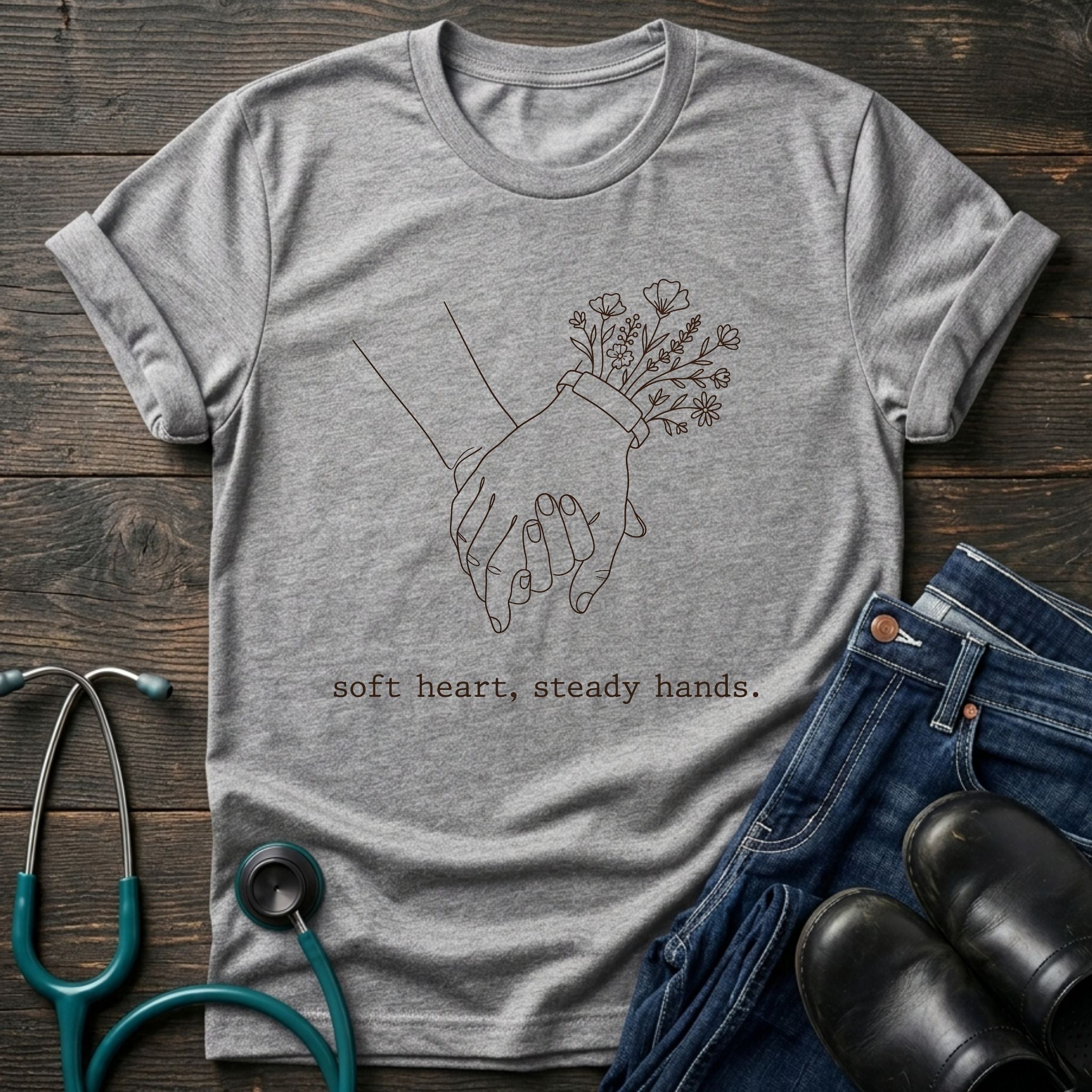 T-Shirt — 'Soft heart, steady hands.' Minimalist Line Art Holding Hands Tee