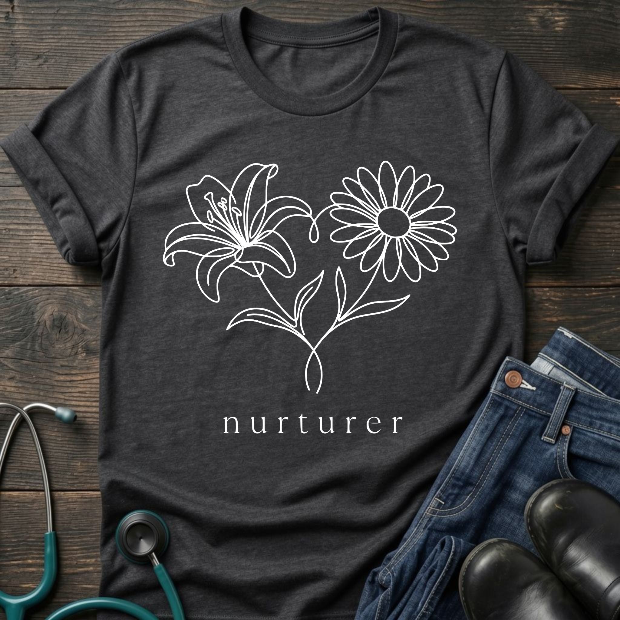 Nurturer Floral T-Shirt — Minimal Line Art Flower Tee