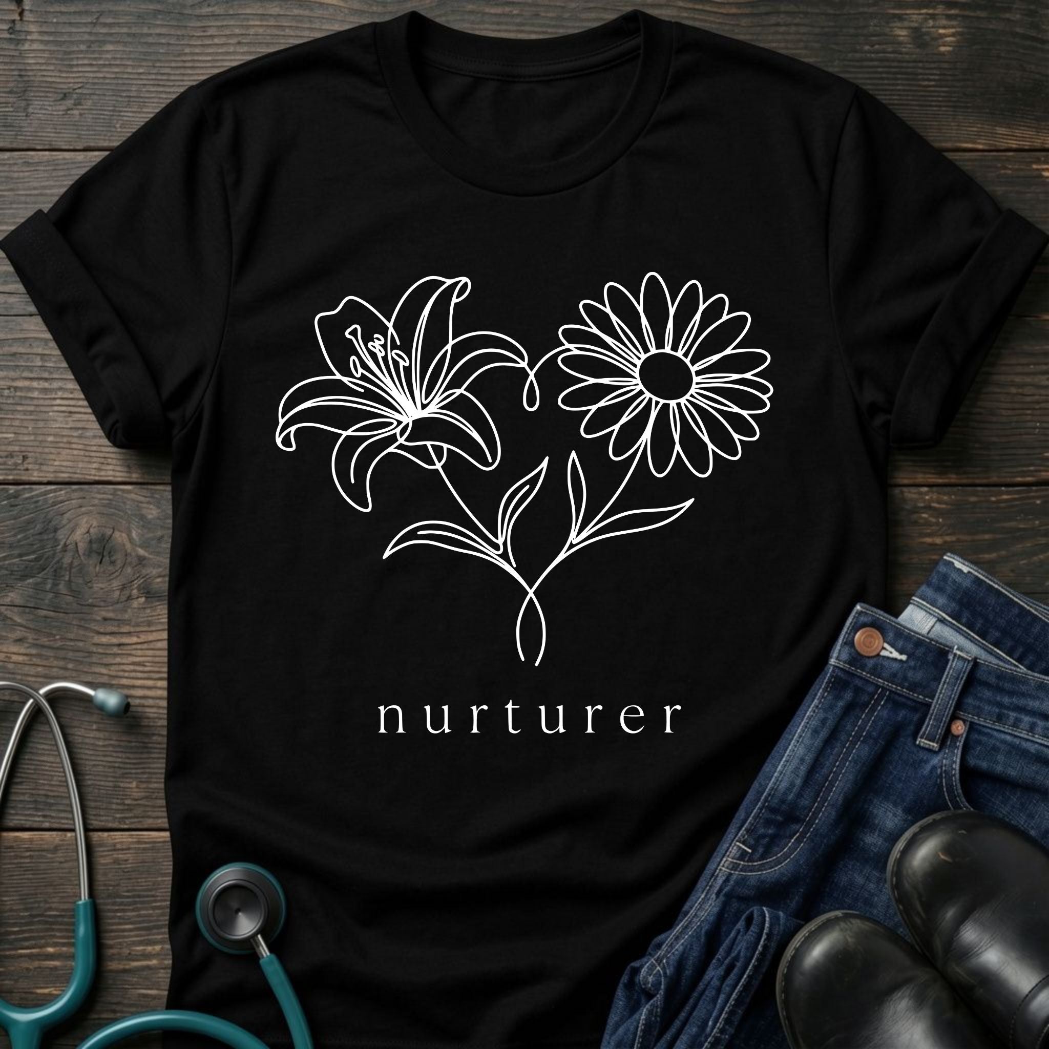 Nurturer Floral T-Shirt — Minimal Line Art Flower Tee
