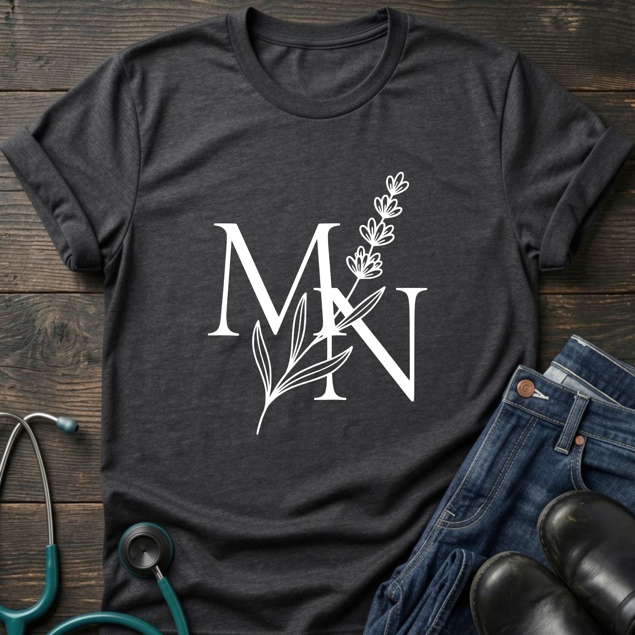 Nurse Mom — MN Monogram Tee with Botanical Accent