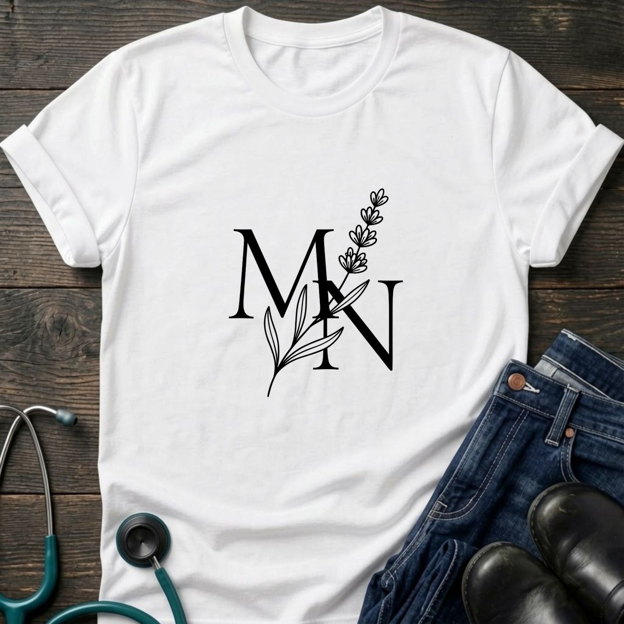 Nurse Mom — MN Monogram Tee with Botanical Accent