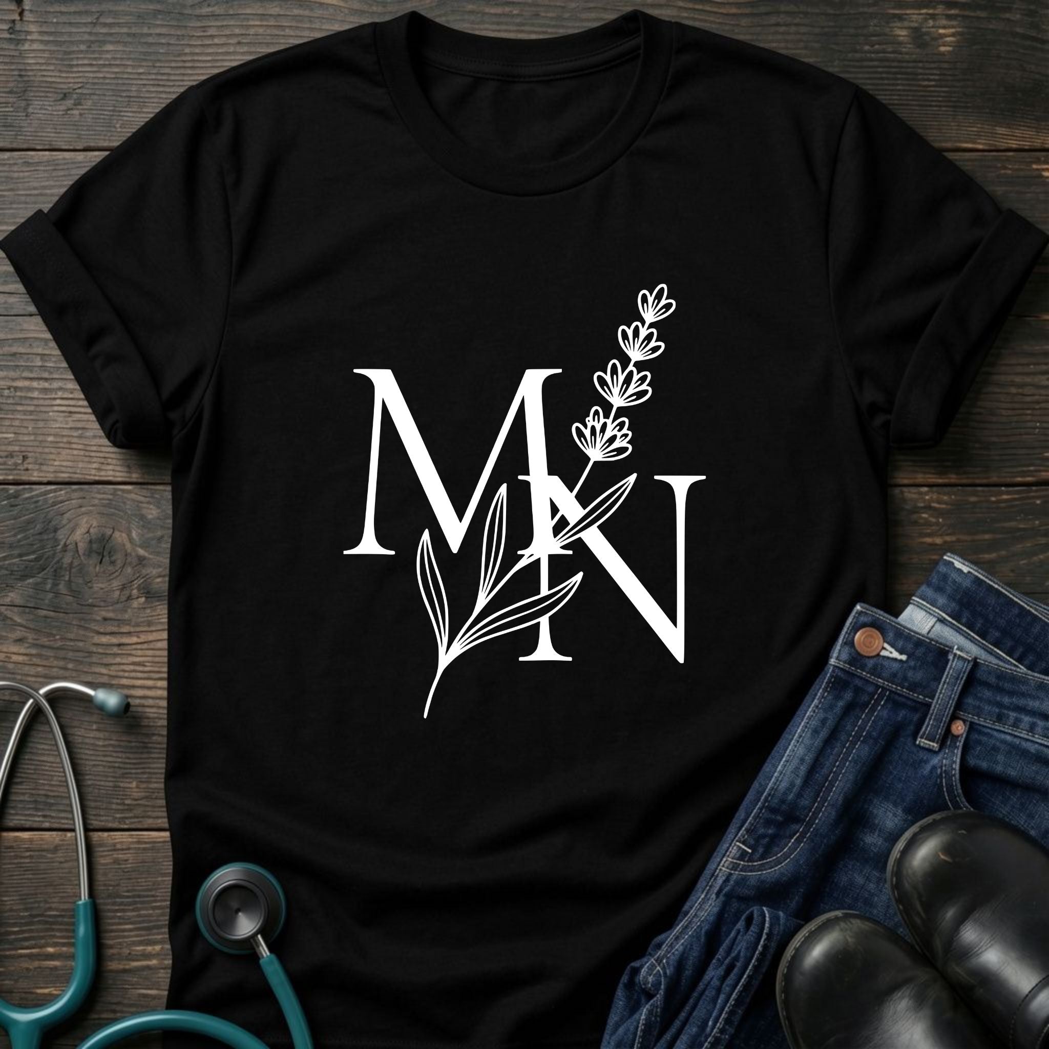 Nurse Mom — MN Monogram Tee with Botanical Accent