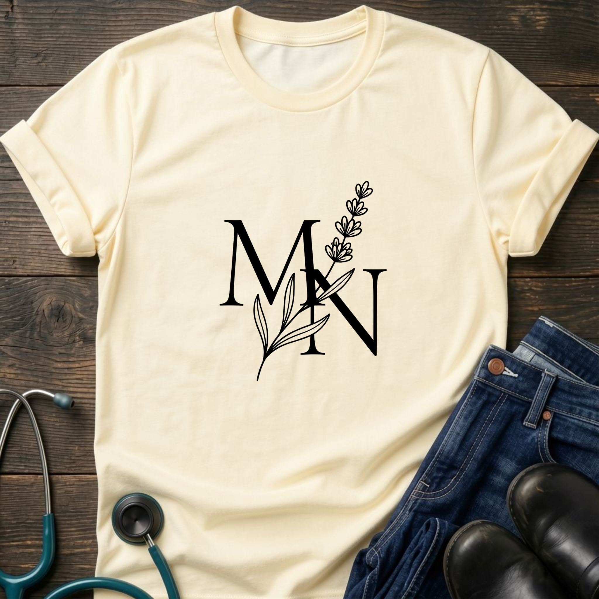 Nurse Mom — MN Monogram Tee with Botanical Accent