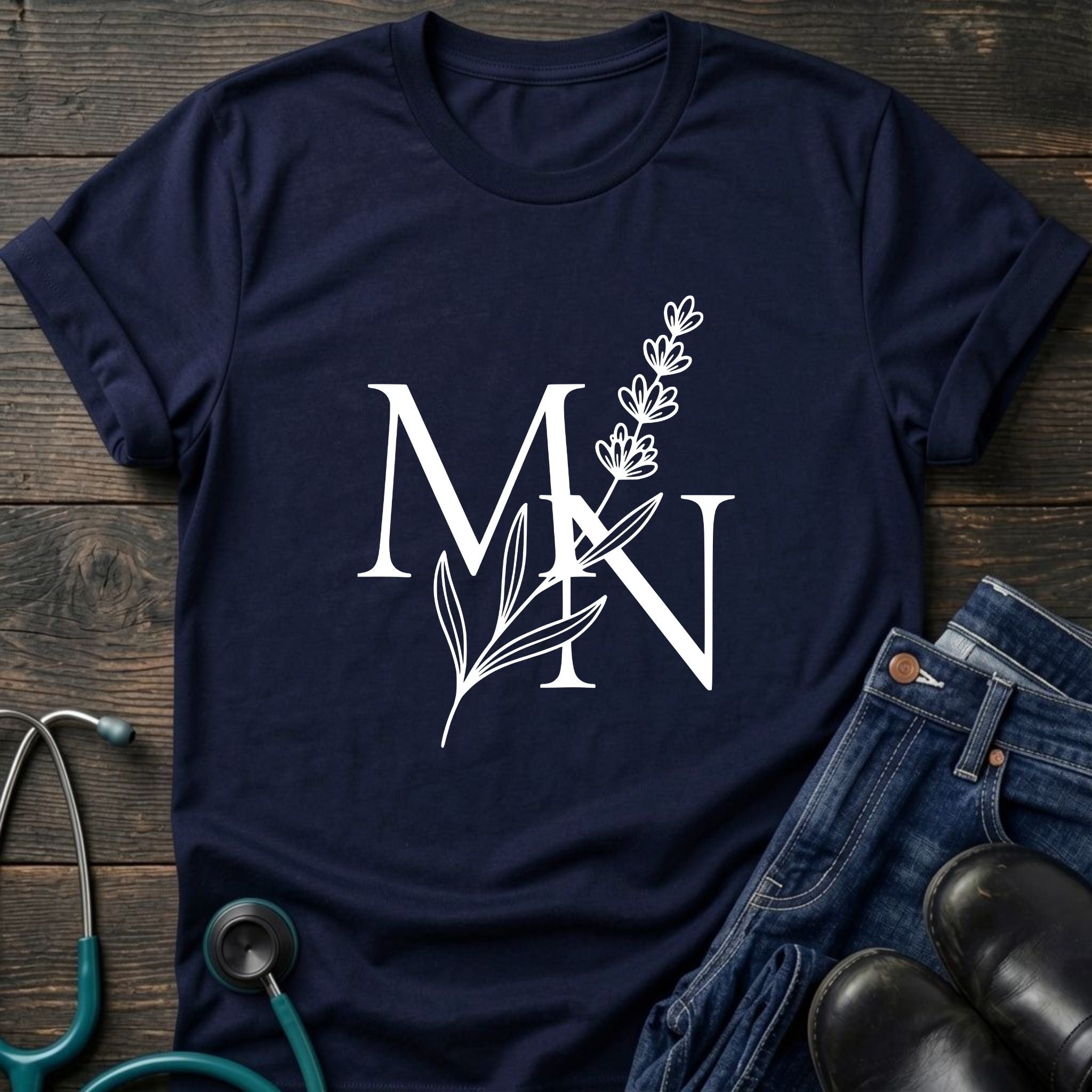 Nurse Mom — MN Monogram Tee with Botanical Accent