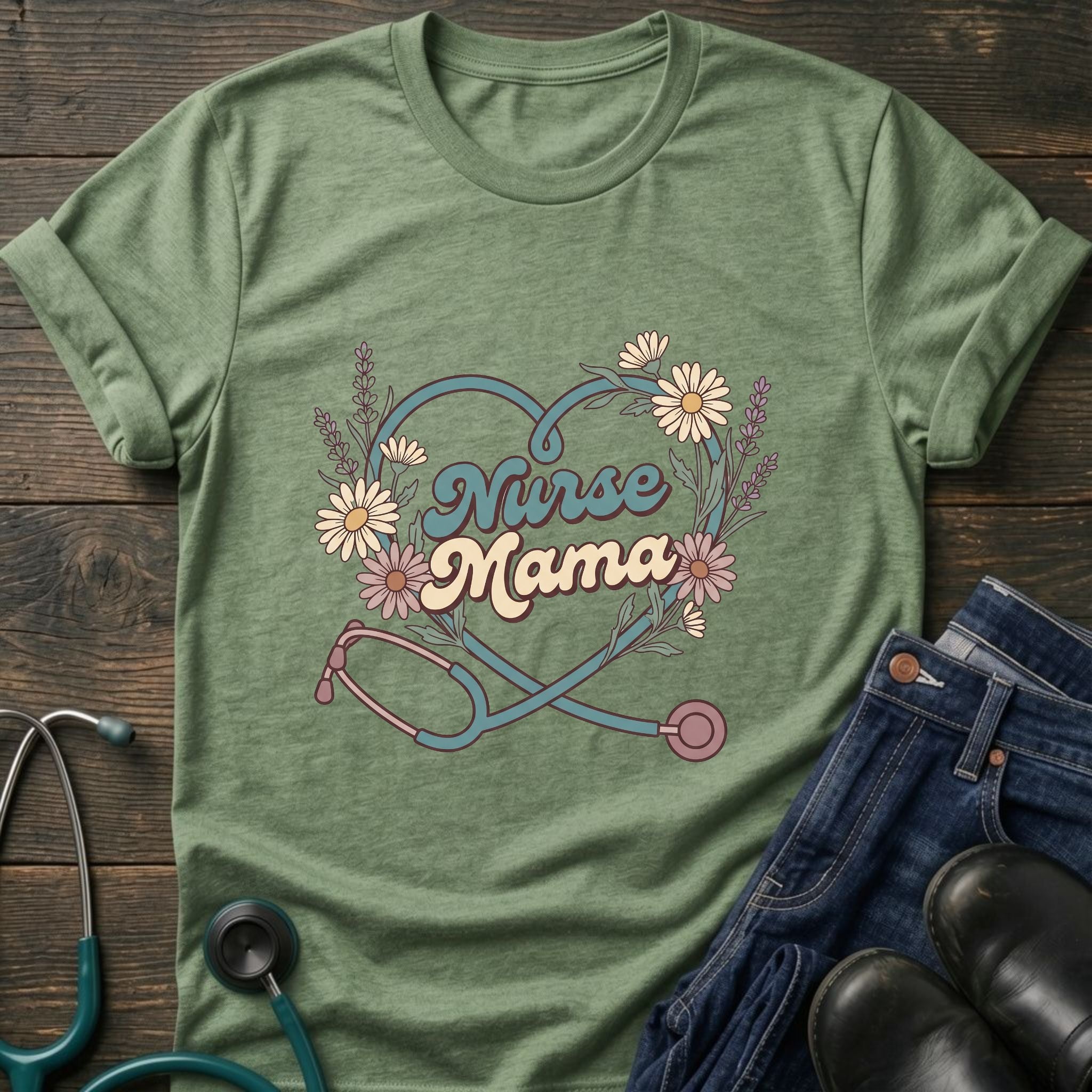Floral Stethoscope Nurse Mama Tee