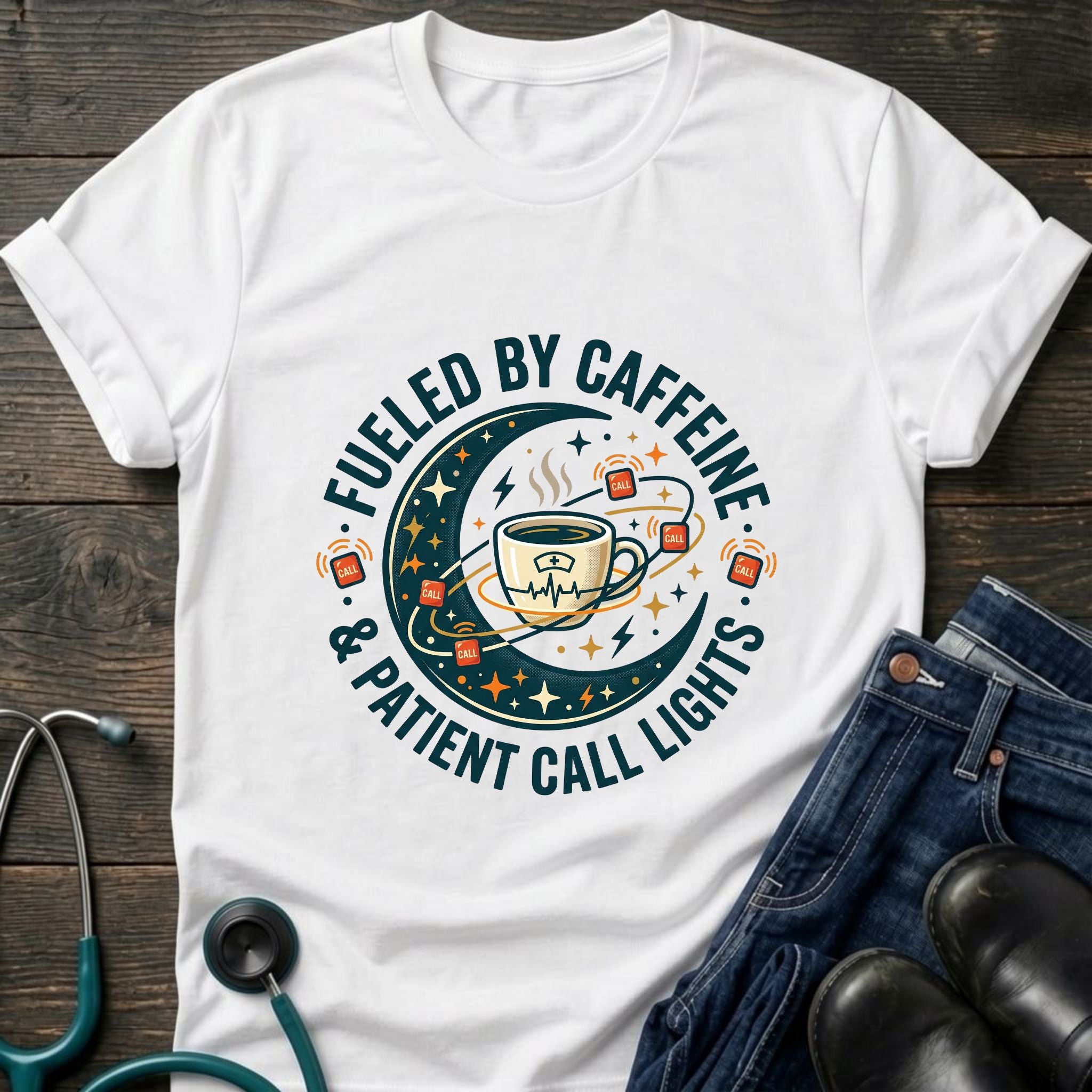 Fueled by Caffeine and Call Lights Nurse Tee