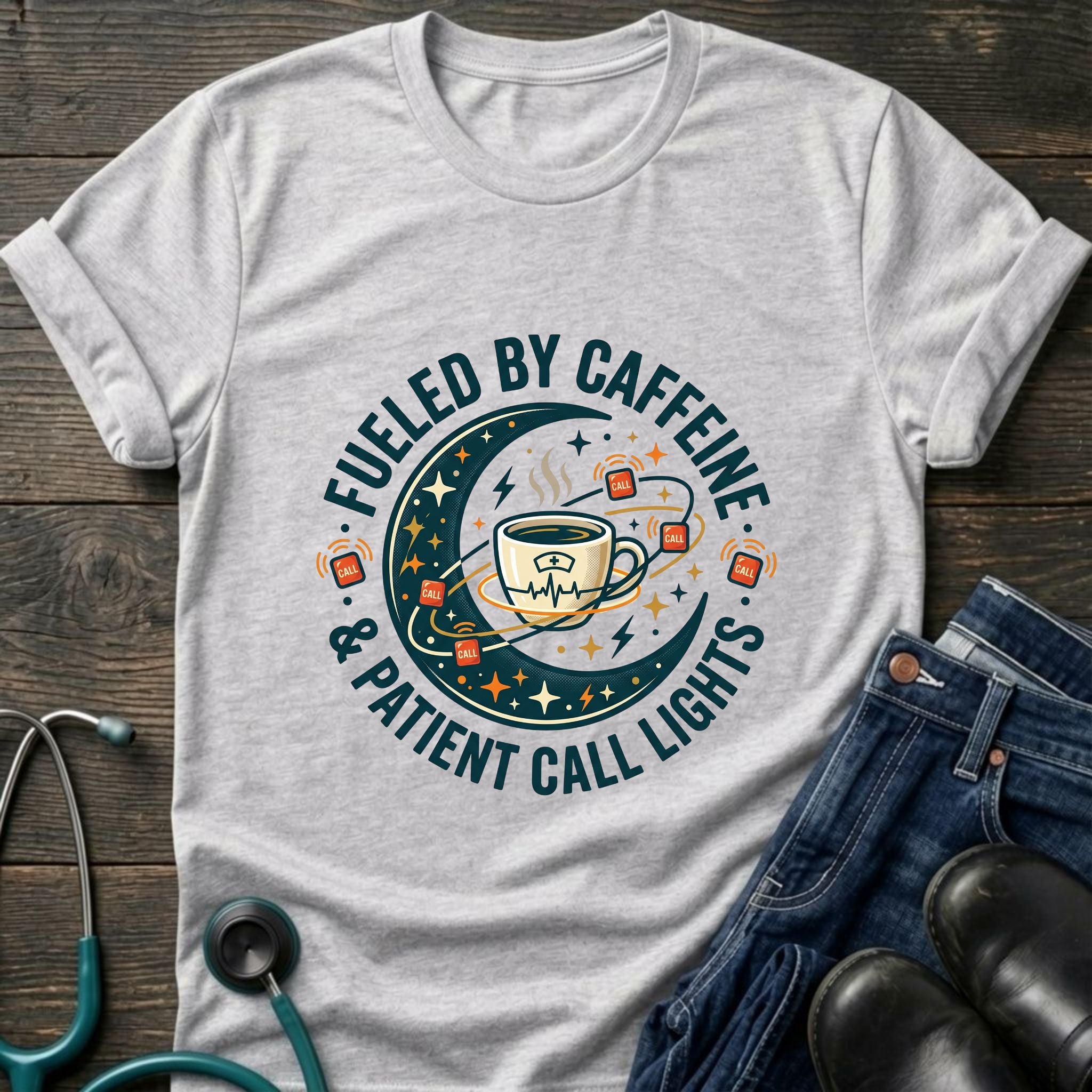 Fueled by Caffeine and Call Lights Nurse Tee