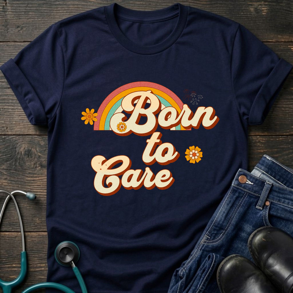 Born to Care Retro Rainbow Nurse Tee
