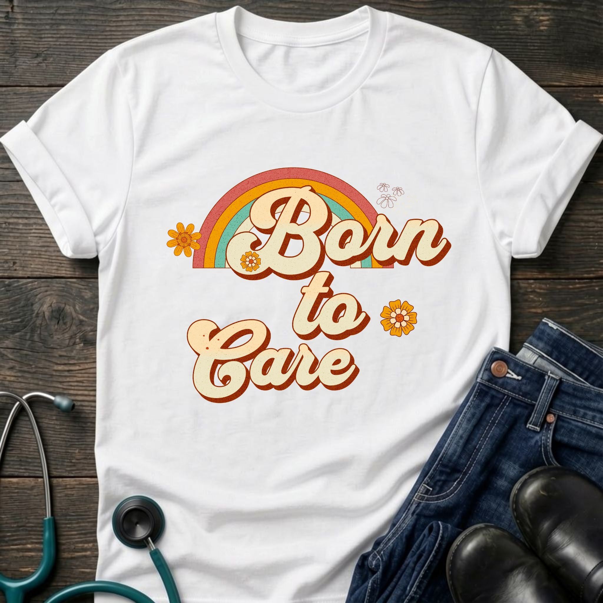 Born to Care Retro Rainbow Nurse Tee