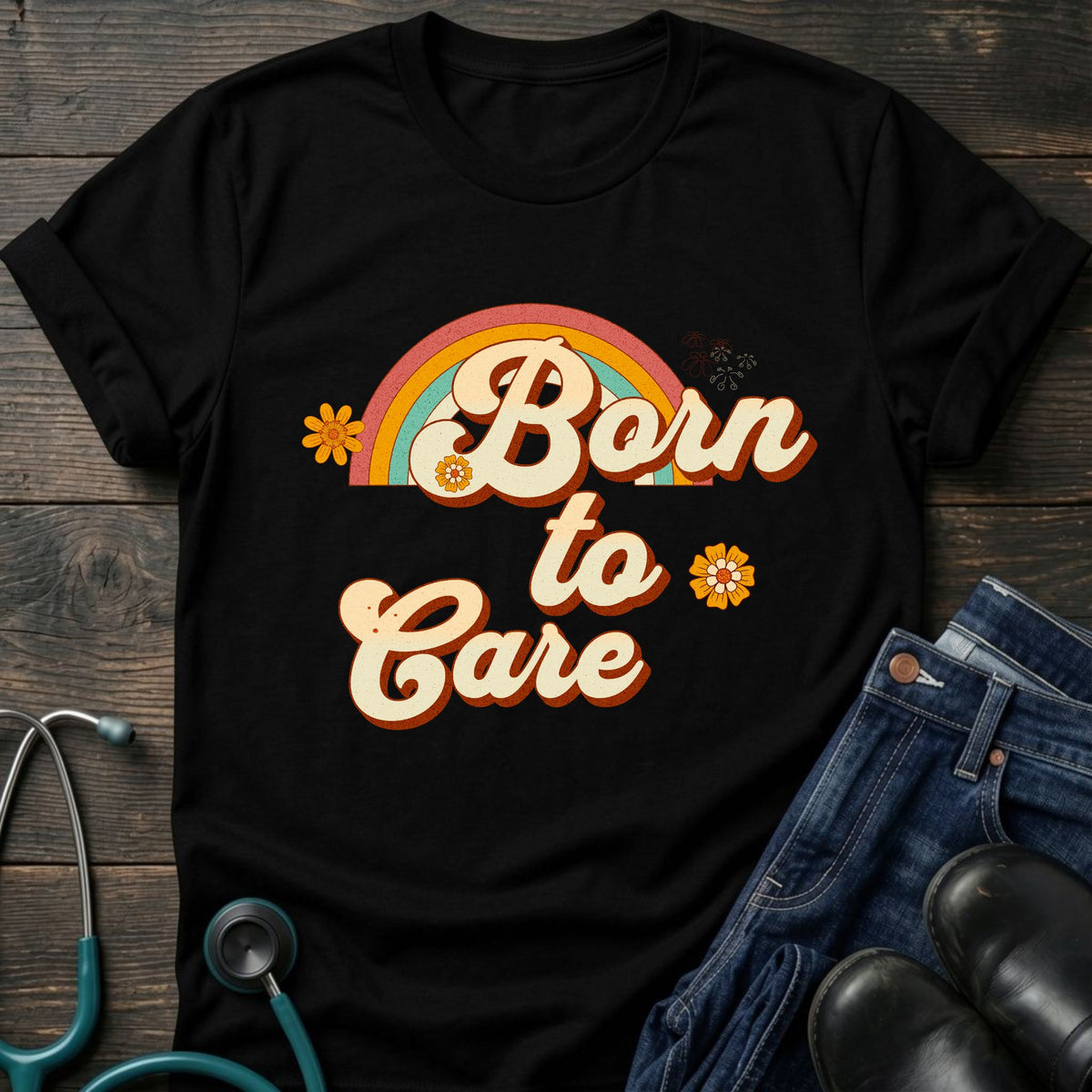 Born to Care Retro Rainbow Nurse Tee
