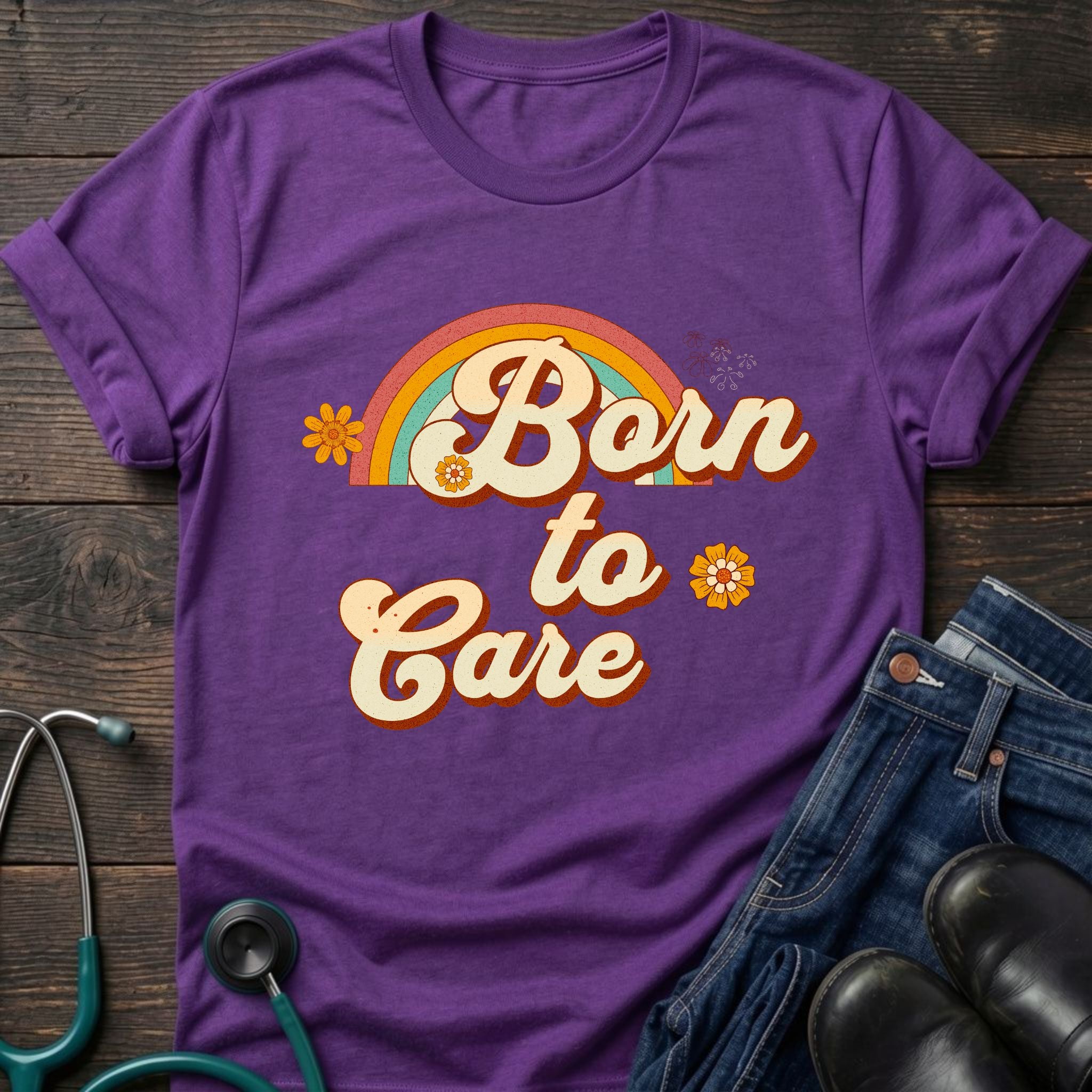 Born to Care Retro Rainbow Nurse Tee