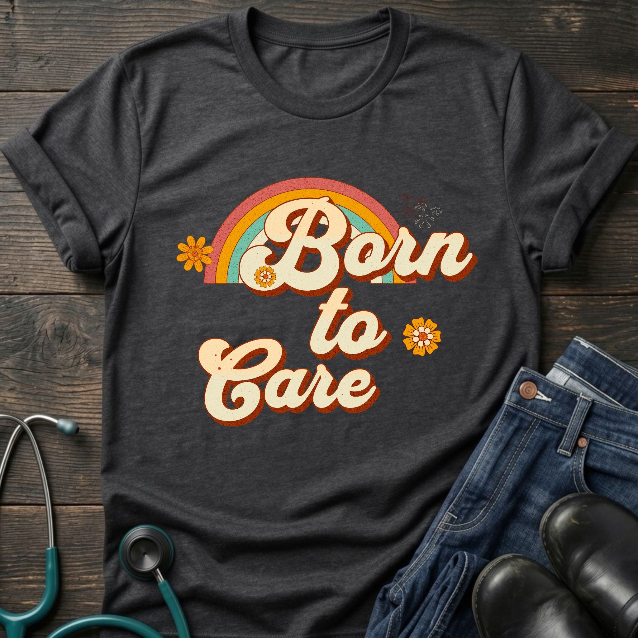 Born to Care Retro Rainbow Nurse Tee