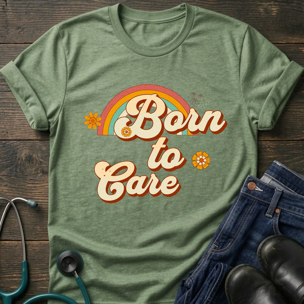 Born to Care Retro Rainbow Nurse Tee