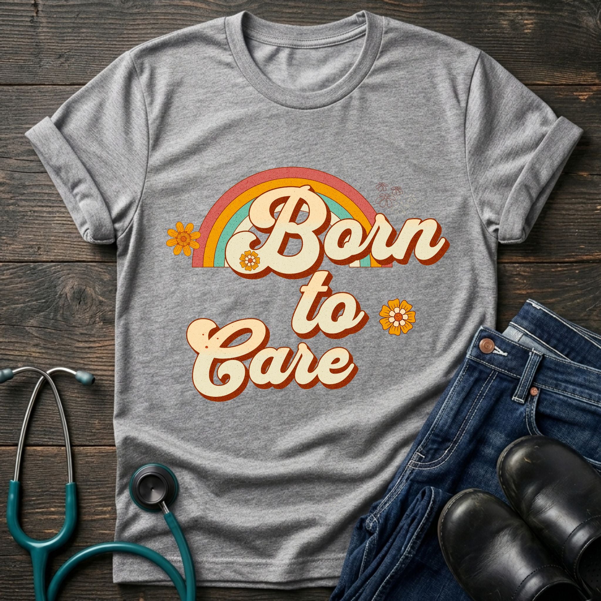 Born to Care Retro Rainbow Nurse Tee