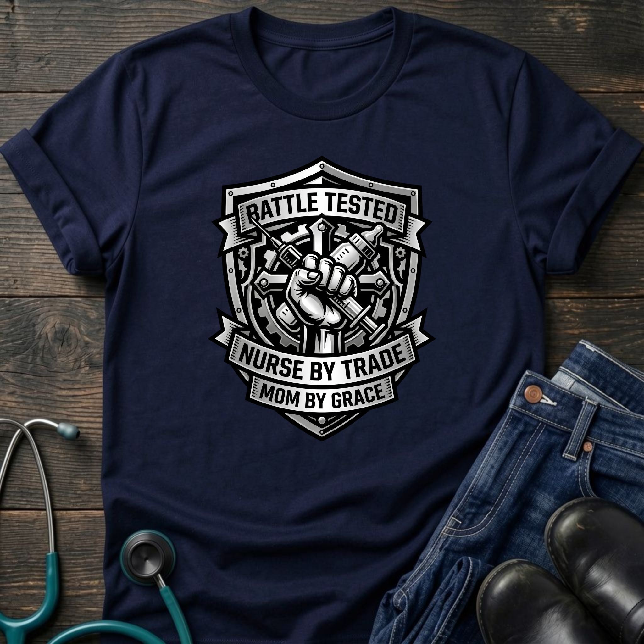 Battle Tested Nurse by Trade Mom by Grace Tee