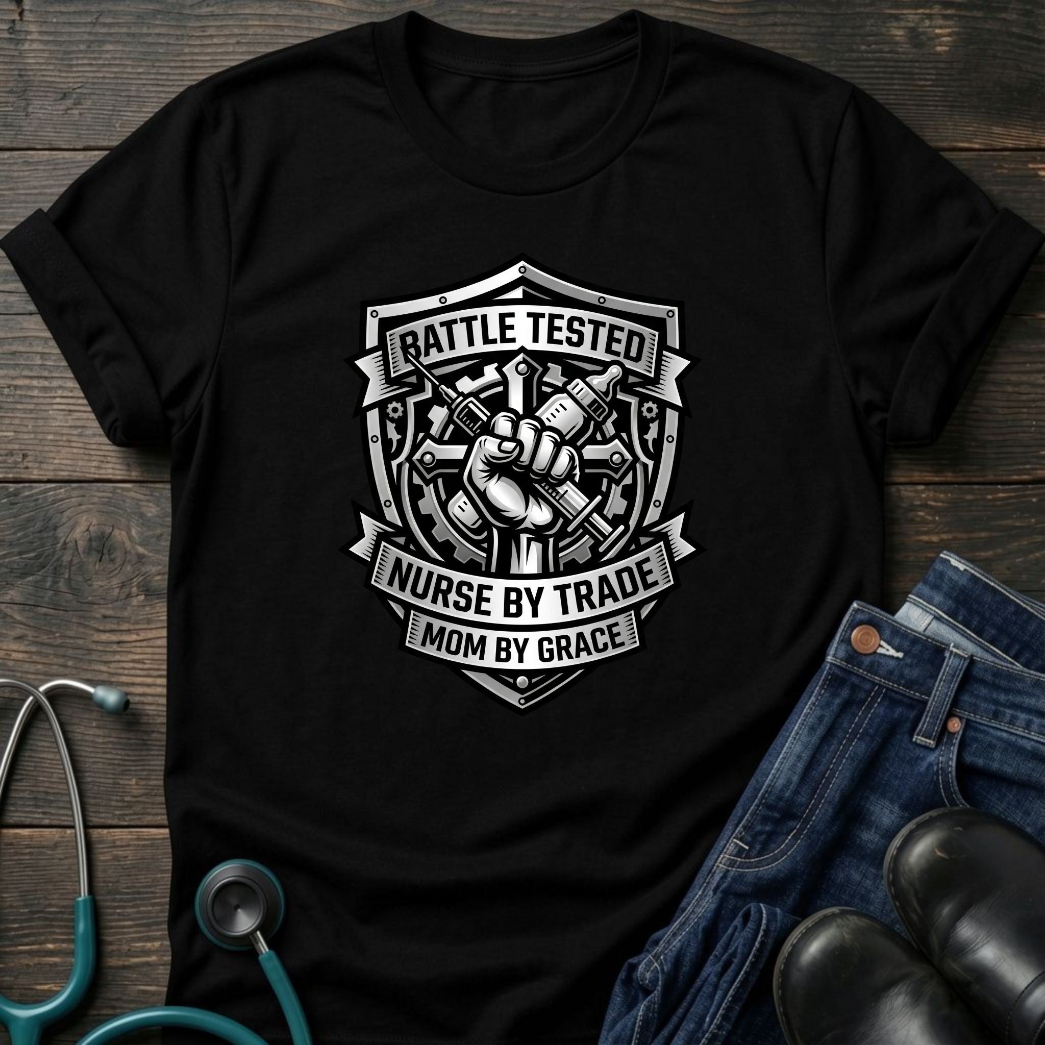 Battle Tested Nurse by Trade Mom by Grace Tee