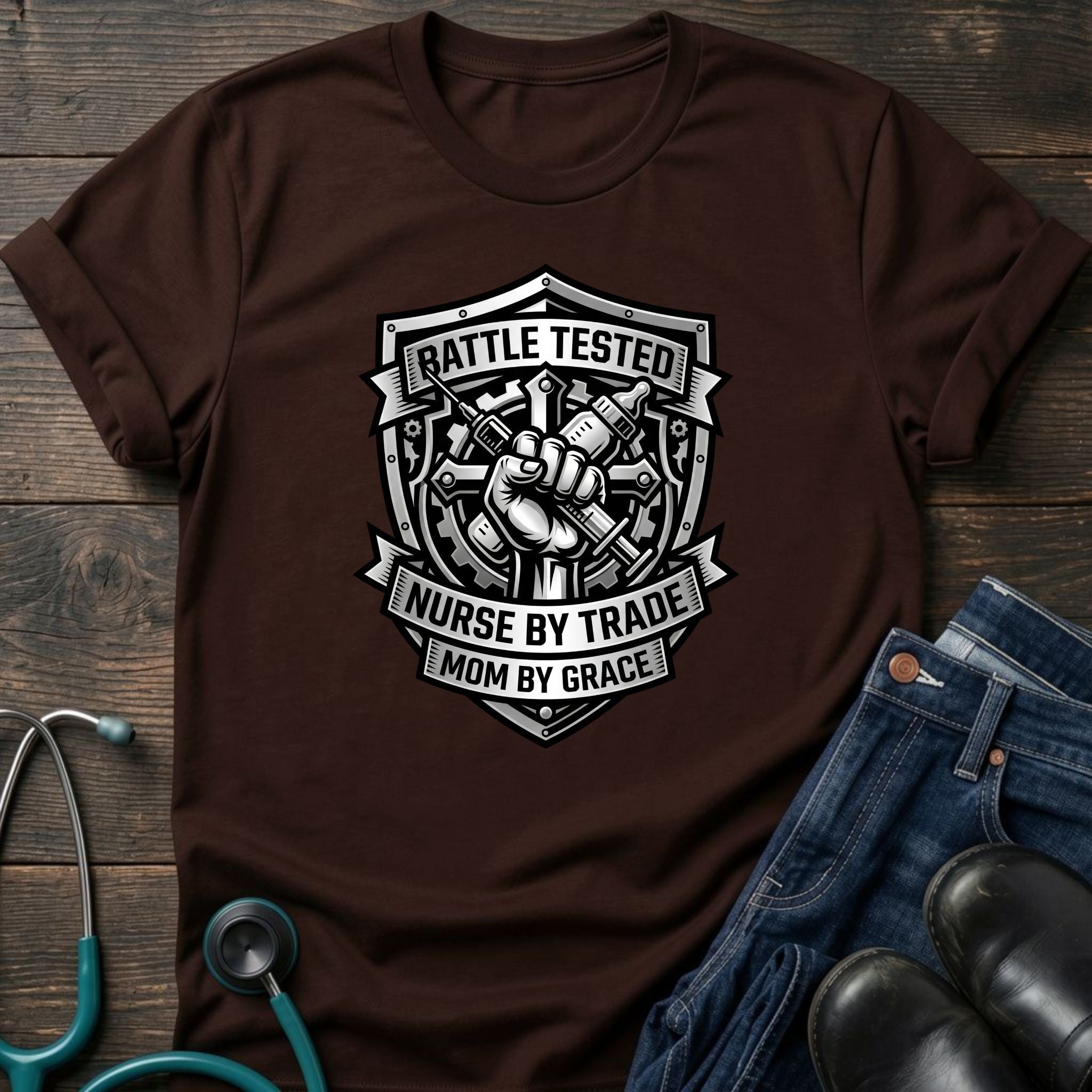 Battle Tested Nurse by Trade Mom by Grace Tee