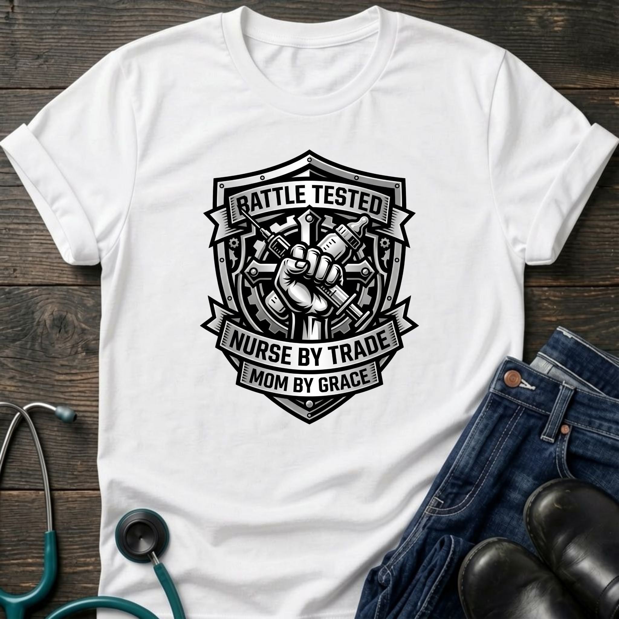 Battle Tested Nurse by Trade Mom by Grace Tee