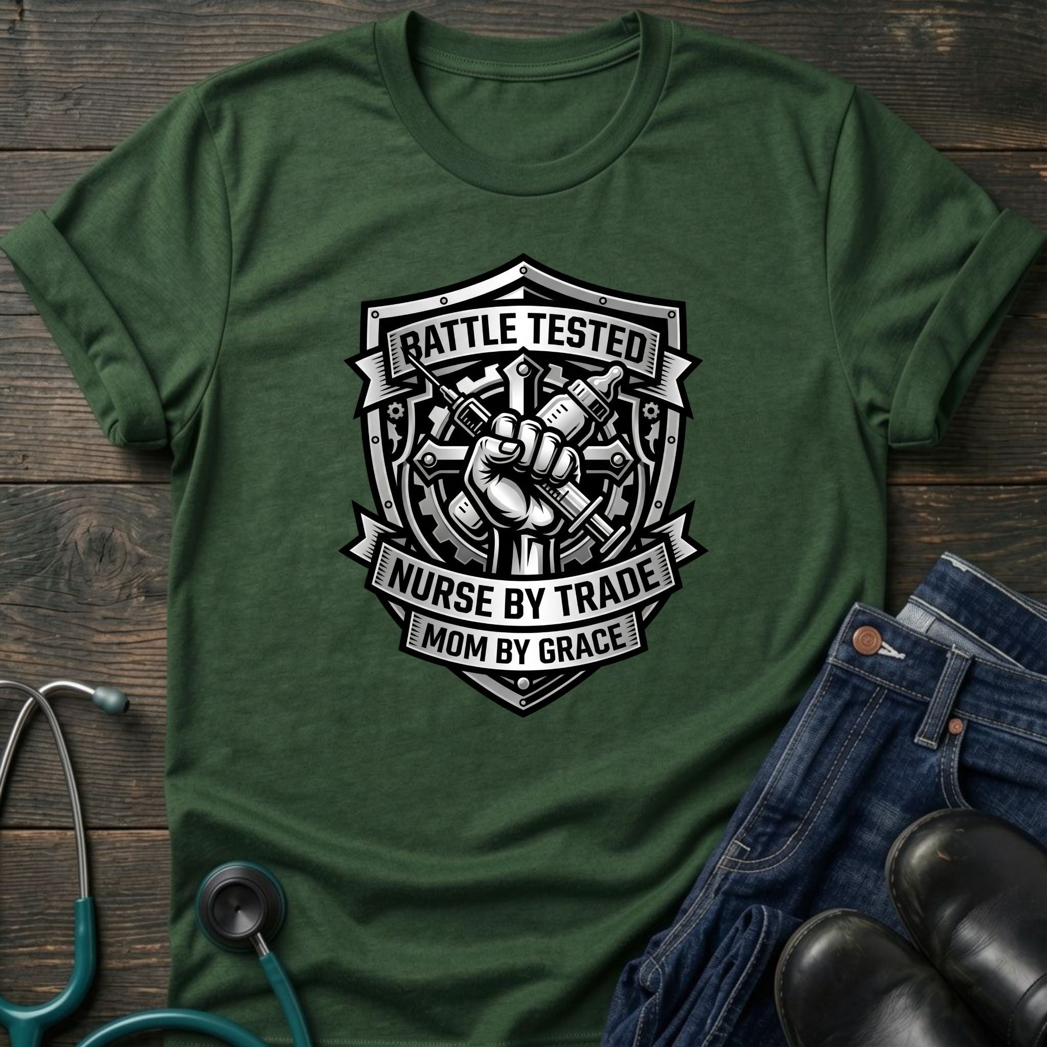 Battle Tested Nurse by Trade Mom by Grace Tee