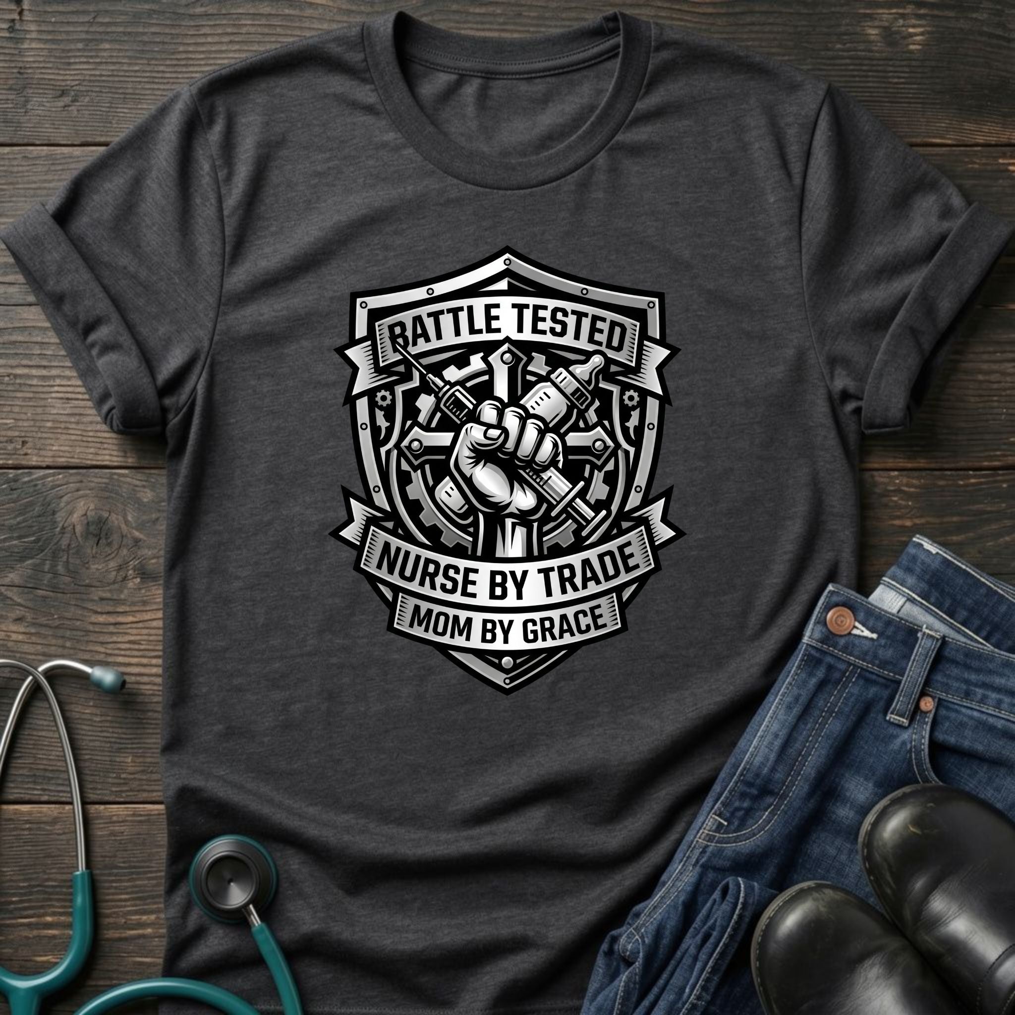 Battle Tested Nurse by Trade Mom by Grace Tee