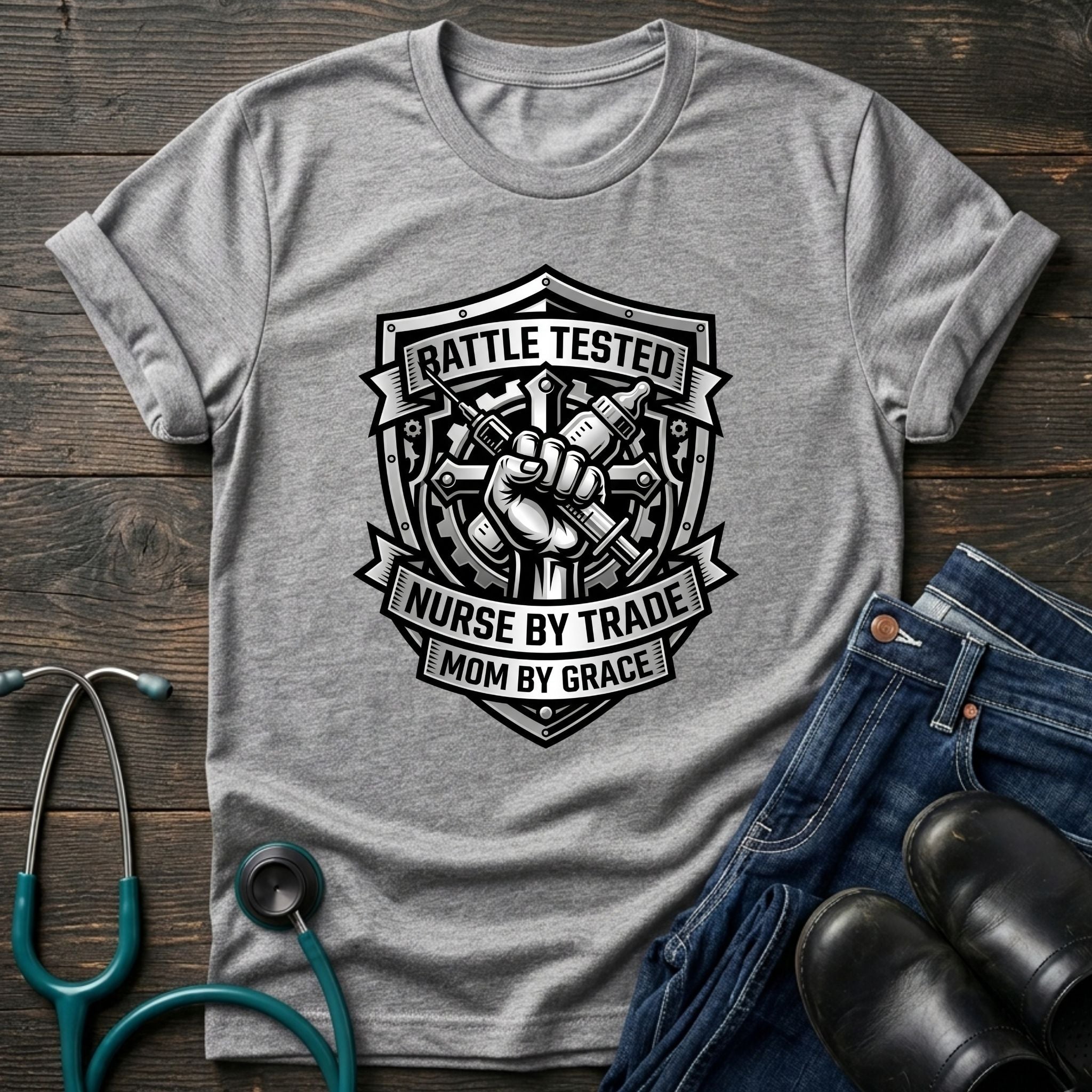 Battle Tested Nurse by Trade Mom by Grace Tee