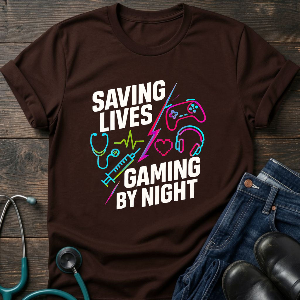 Saving Lives Gaming by Night Nurse Gamer Tee
