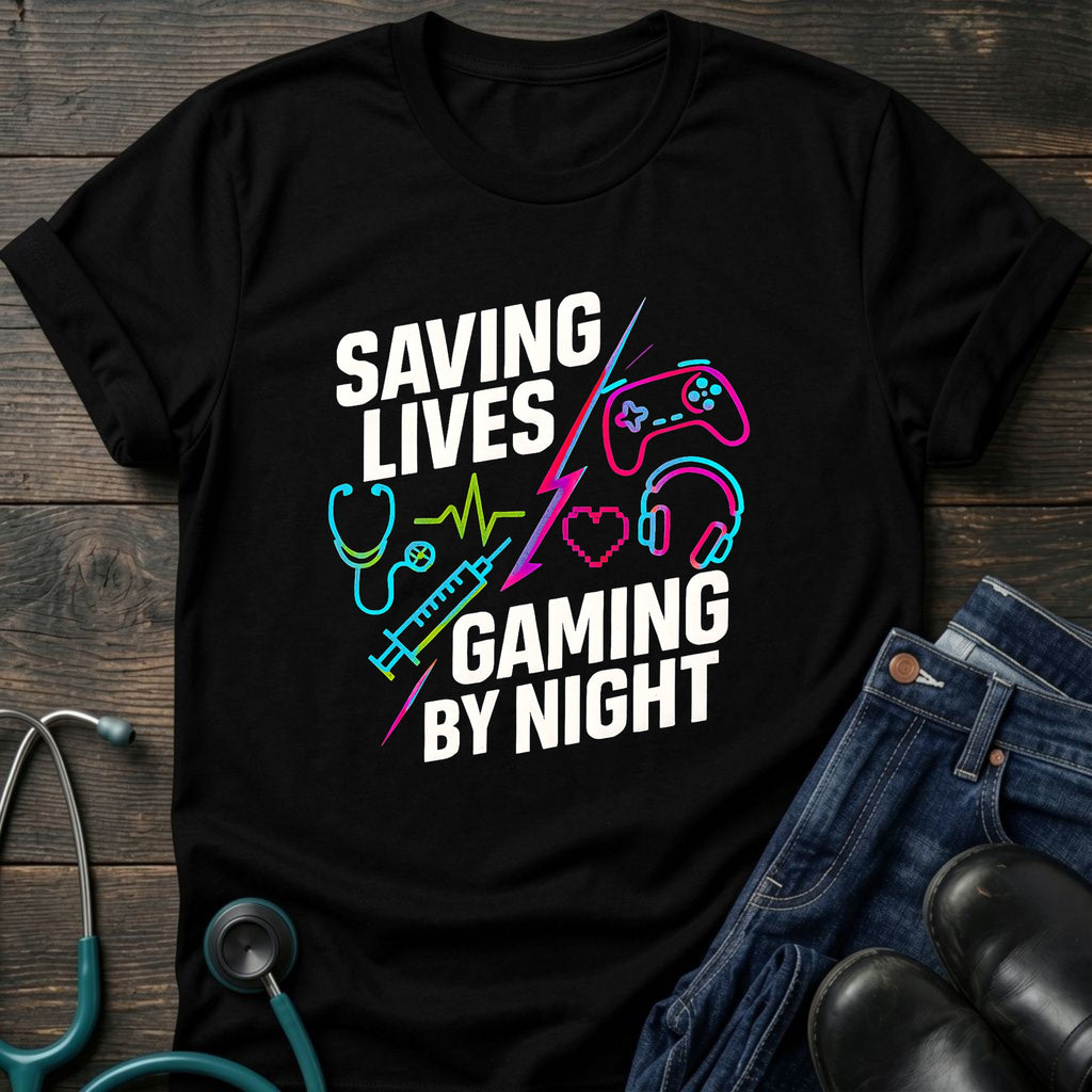 Saving Lives Gaming by Night Nurse Gamer Tee