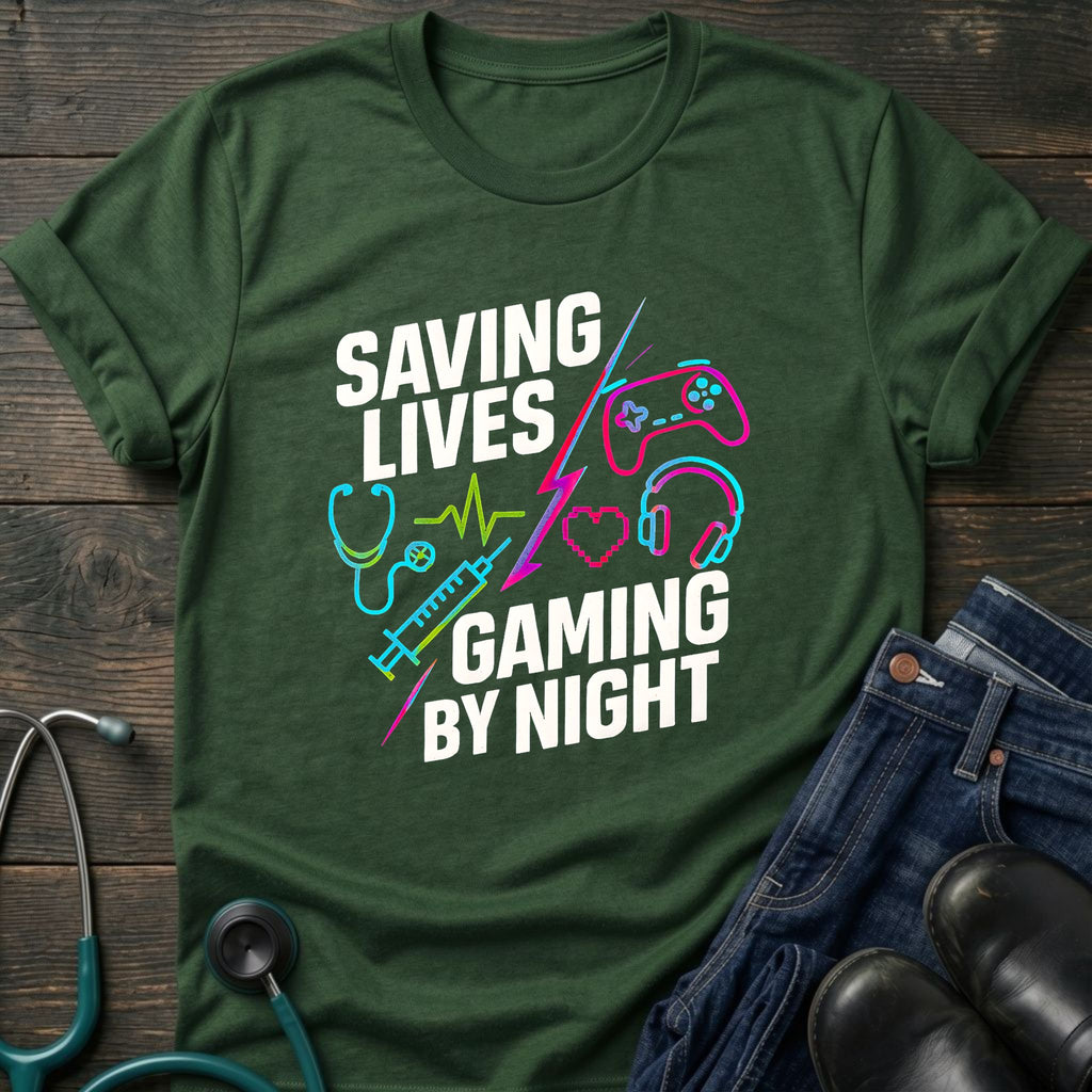 Saving Lives Gaming by Night Nurse Gamer Tee