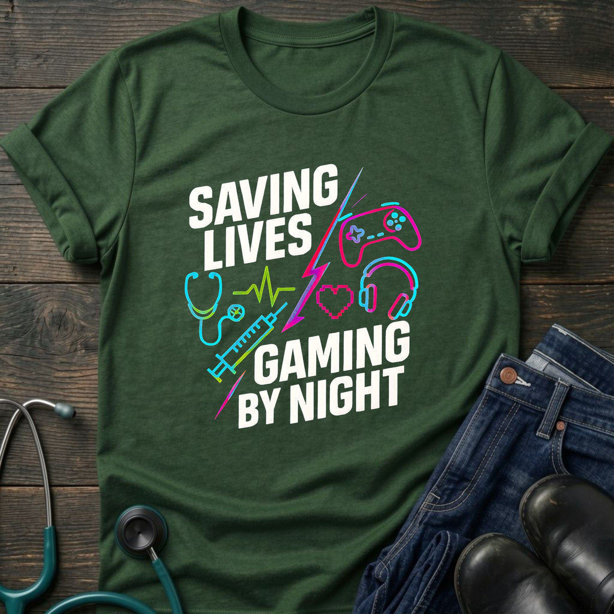 Saving Lives Gaming by Night Nurse Gamer Tee