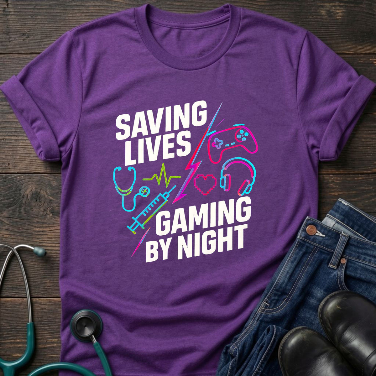Saving Lives Gaming by Night Nurse Gamer Tee