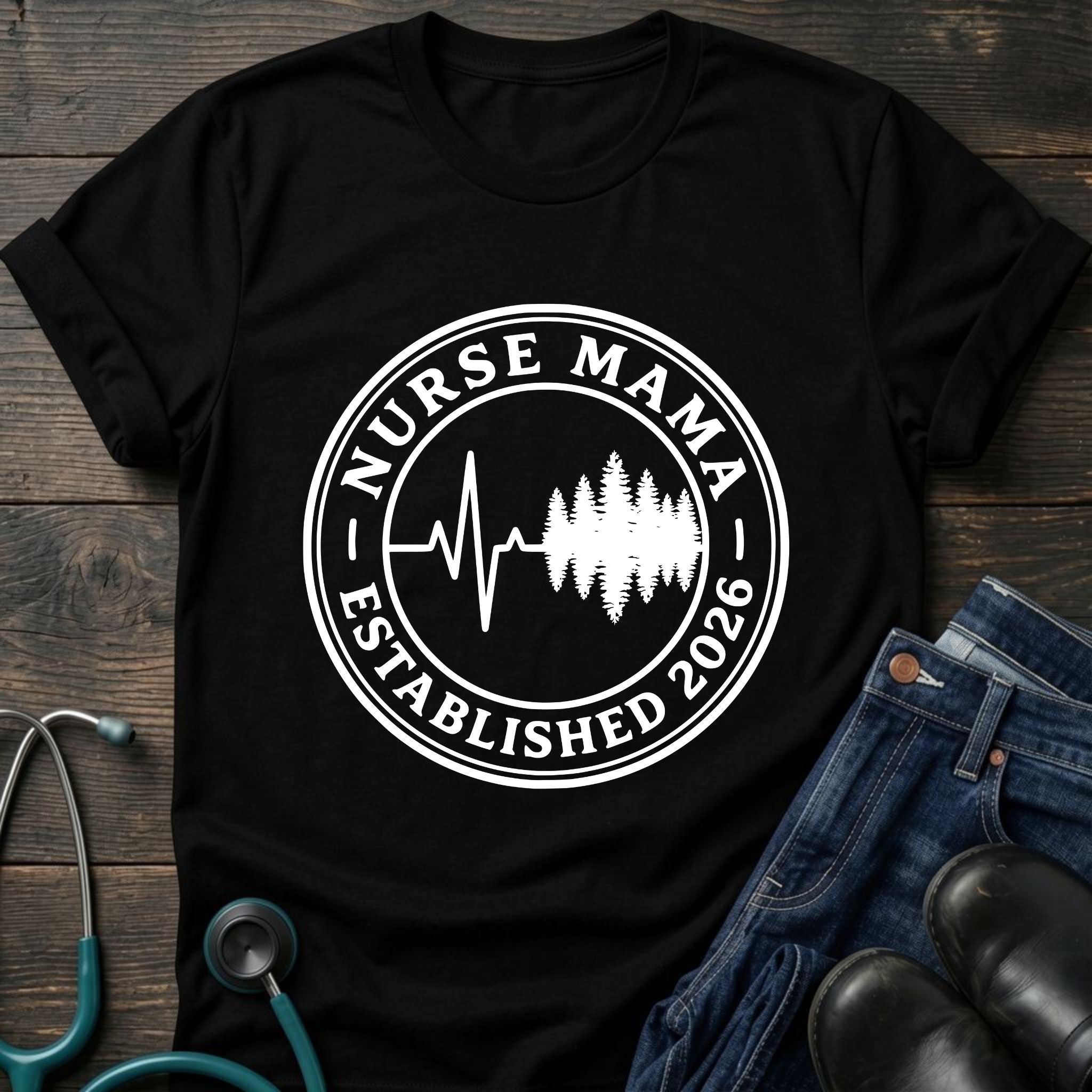 Established 2026 Nurse Mama Heartbeat Pine Tee