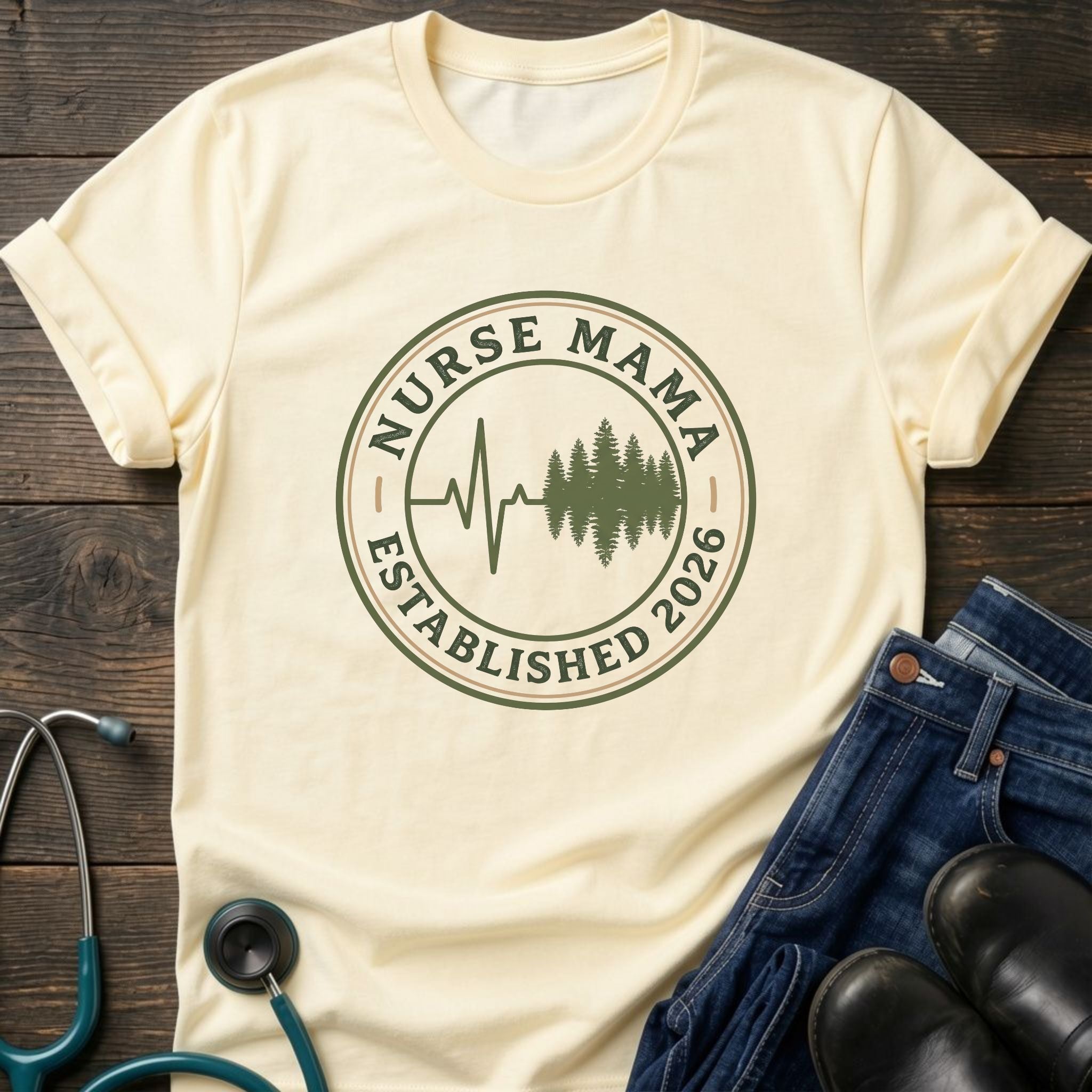 Established 2026 Nurse Mama Heartbeat Pine Tee
